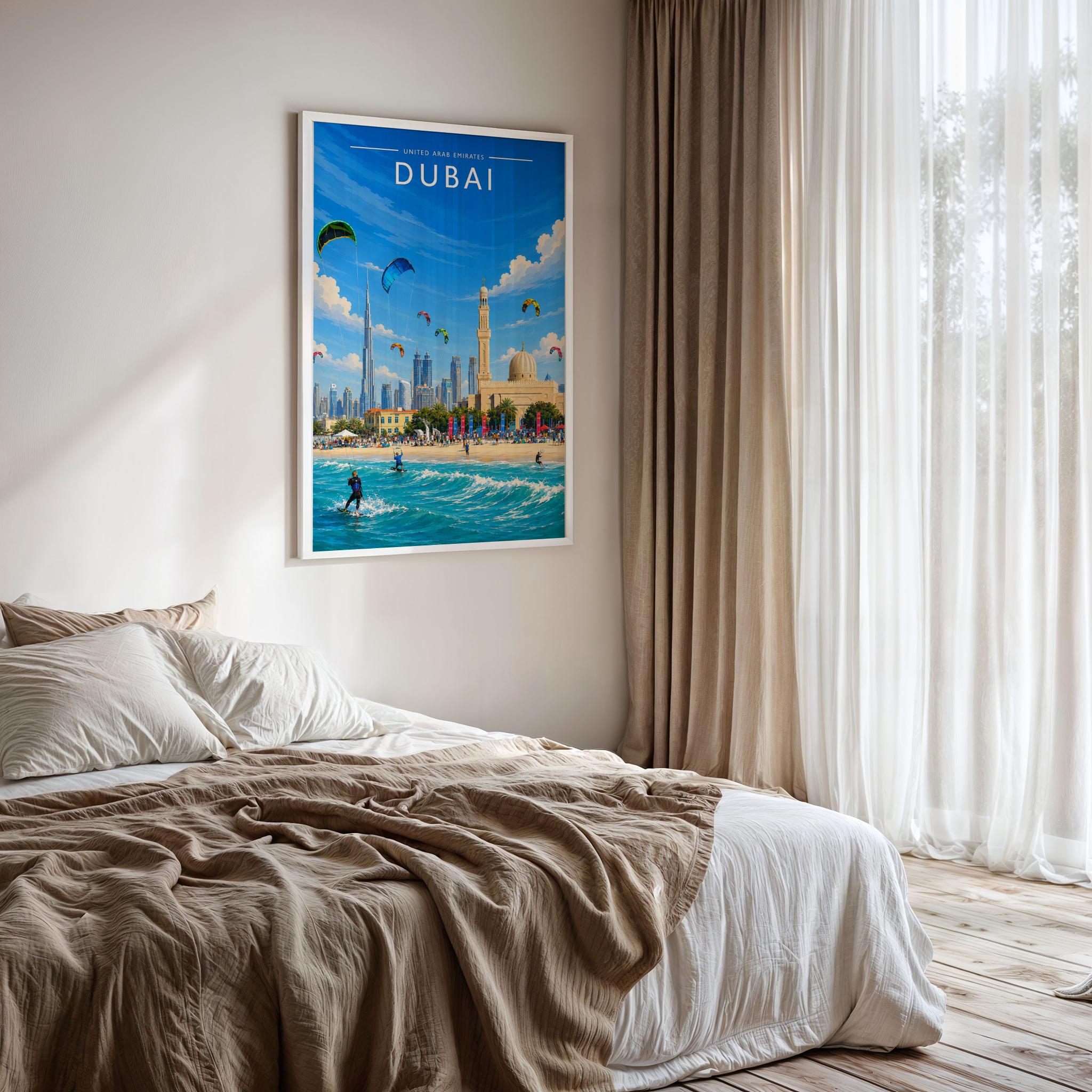 Dubai #9 Travel Poster framed on a bedroom wall