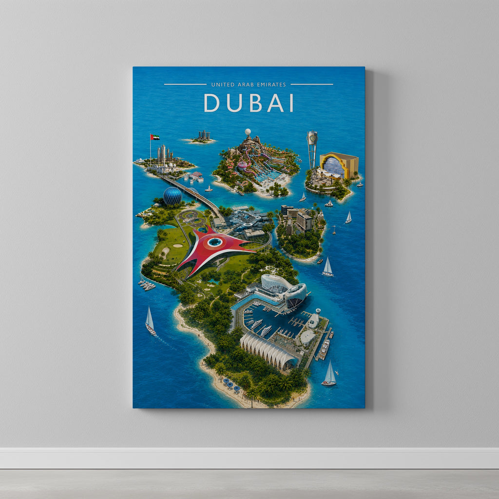 Dubai #10 Travel Poster as a gallery-wrapped canvas on a plain wall