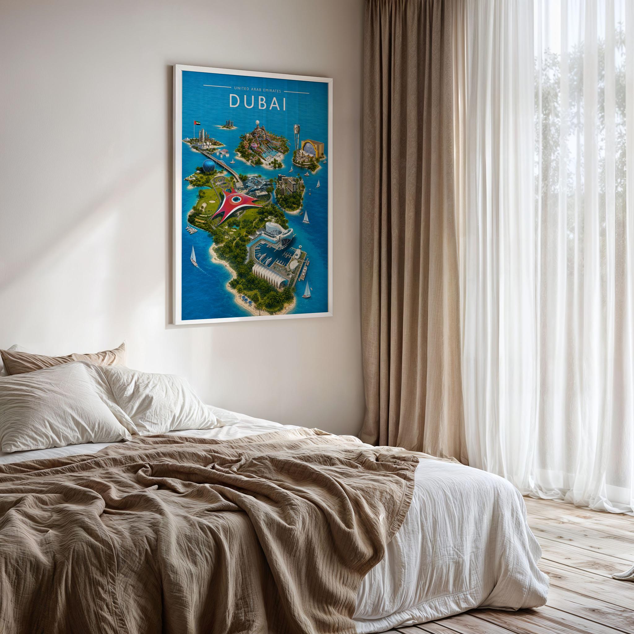Dubai #10 Travel Poster framed on a bedroom wall