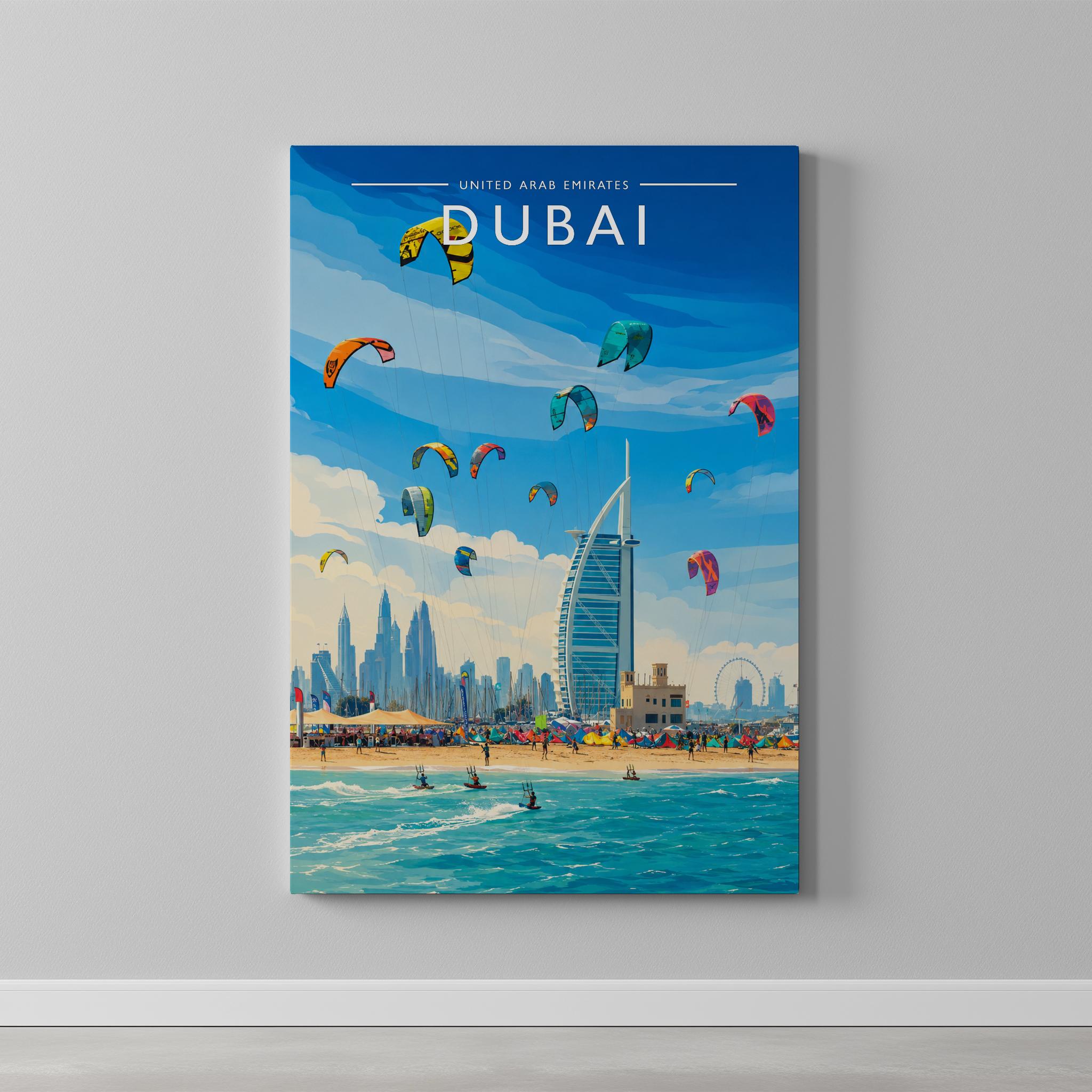 Dubai #11 Travel Poster as a gallery-wrapped canvas on a plain wall