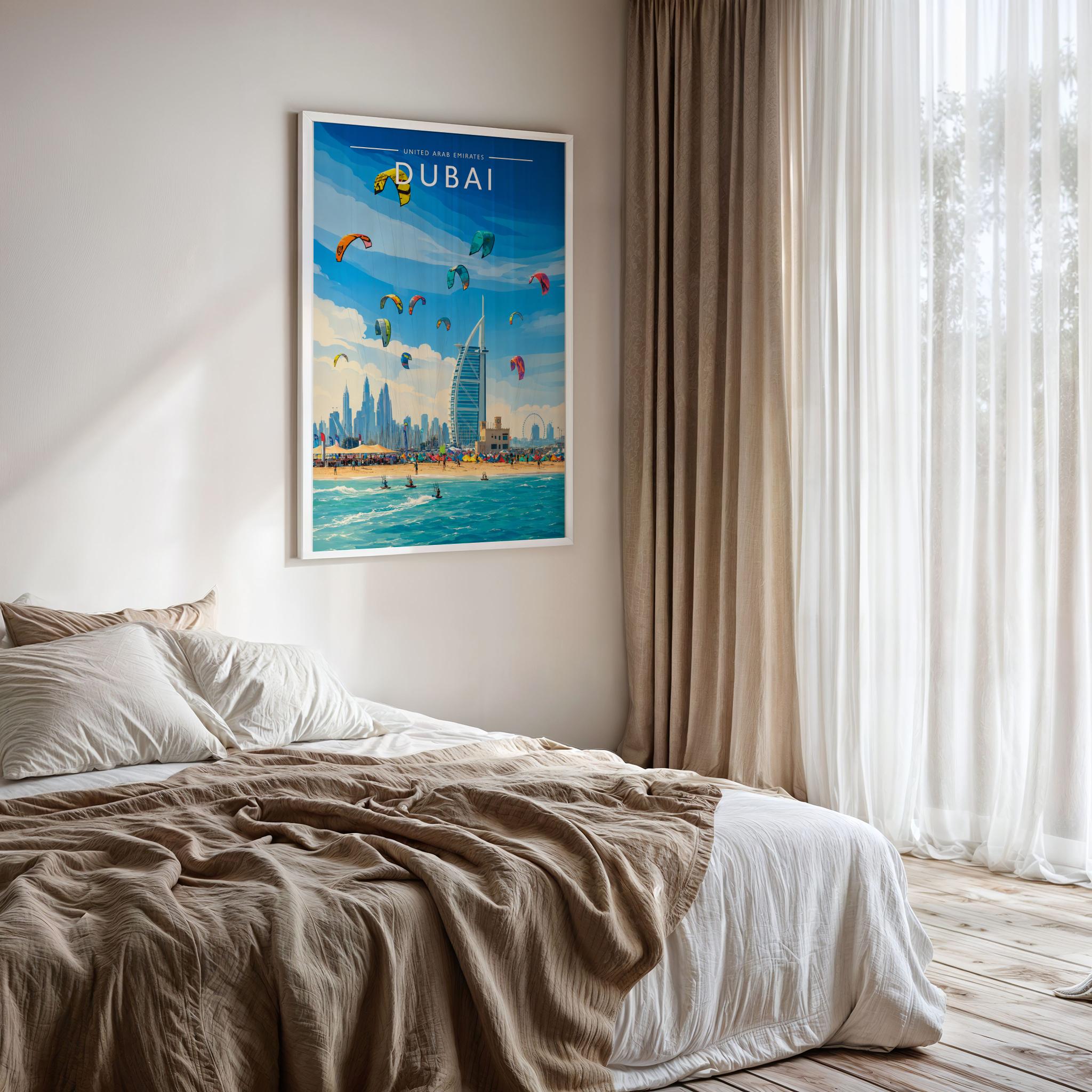 Dubai #11 Travel Poster framed on a bedroom wall