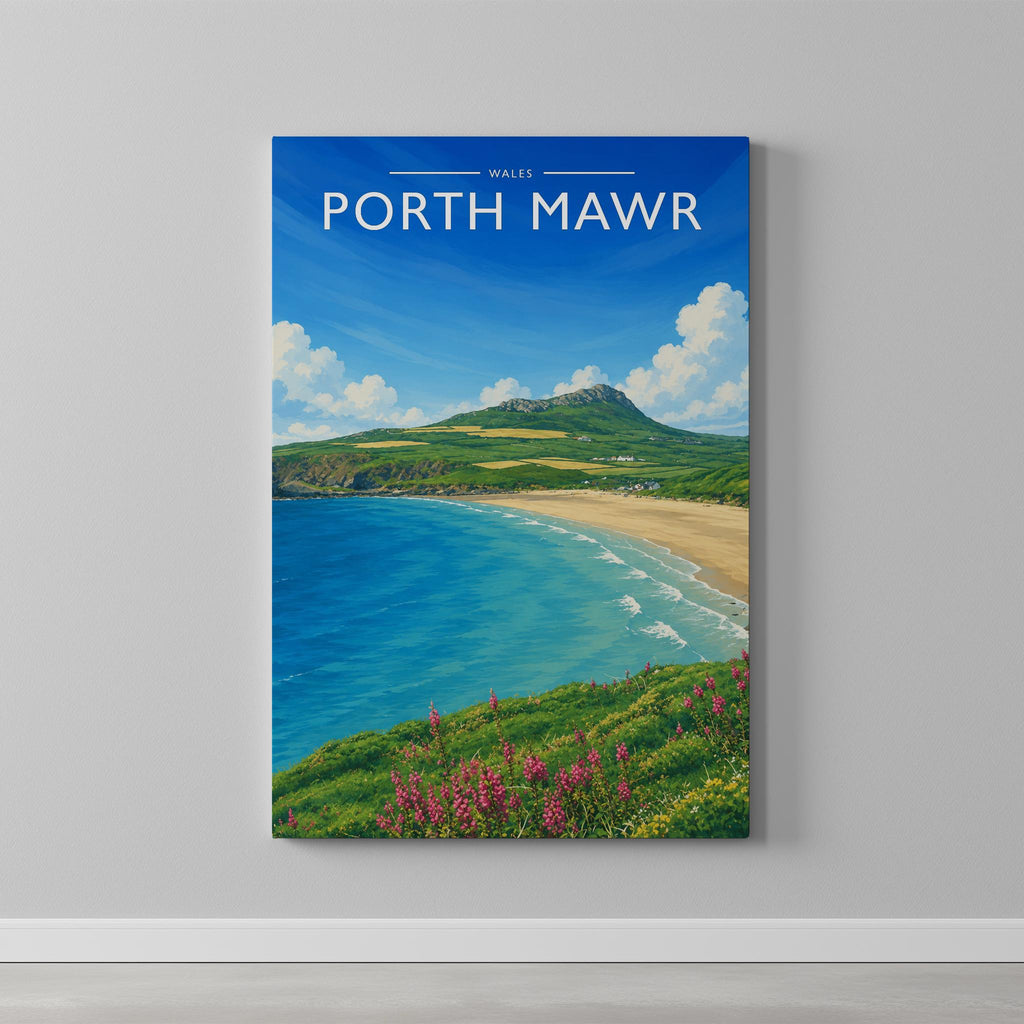 Porth Mawr Travel Poster as a gallery-wrapped canvas on a plain wall