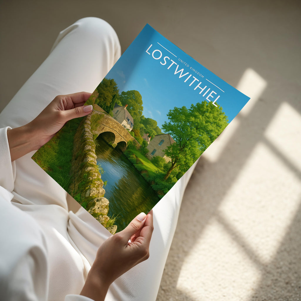 Lostwithiel Travel Poster - A4 print held in hand
