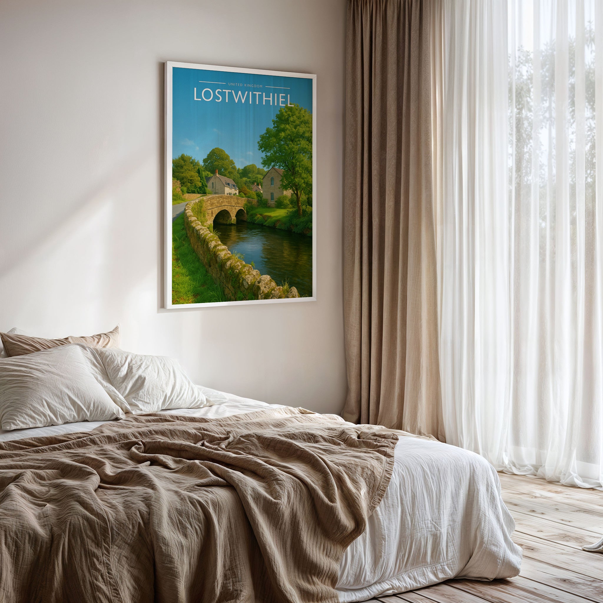 Lostwithiel Travel Poster framed on a bedroom wall