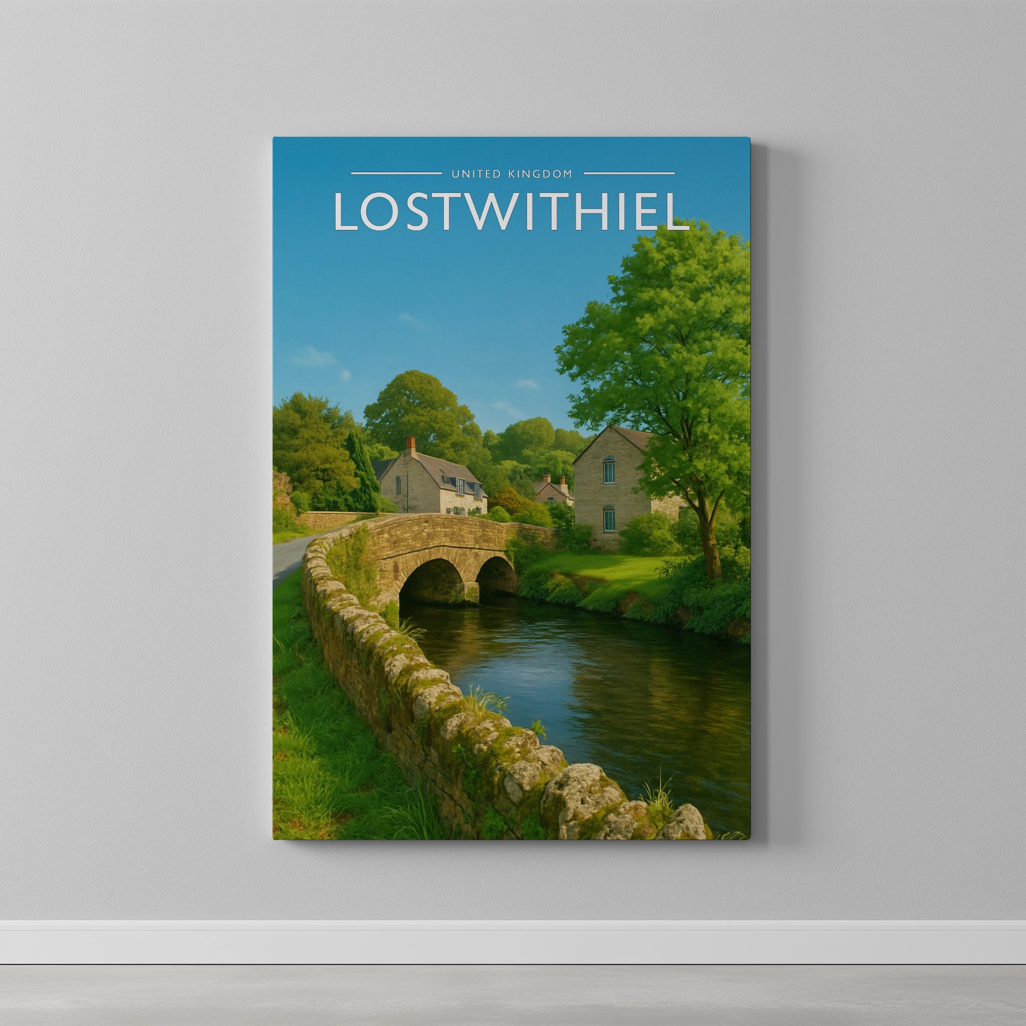 Lostwithiel Travel Poster as a gallery-wrapped canvas on a plain wall