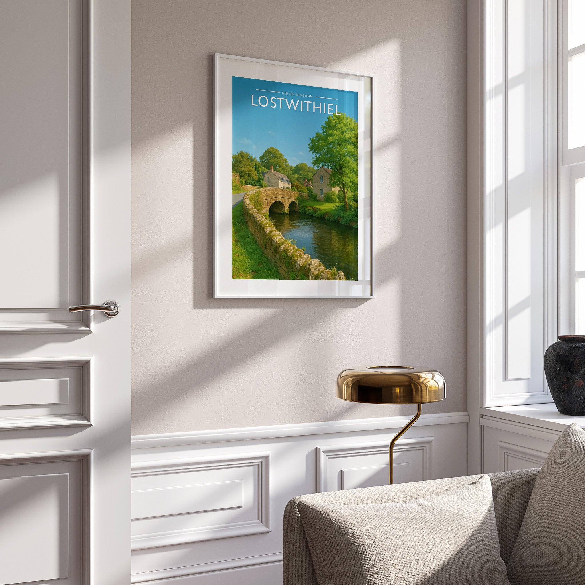 Lostwithiel Travel Poster in a white frame on a panelled wall