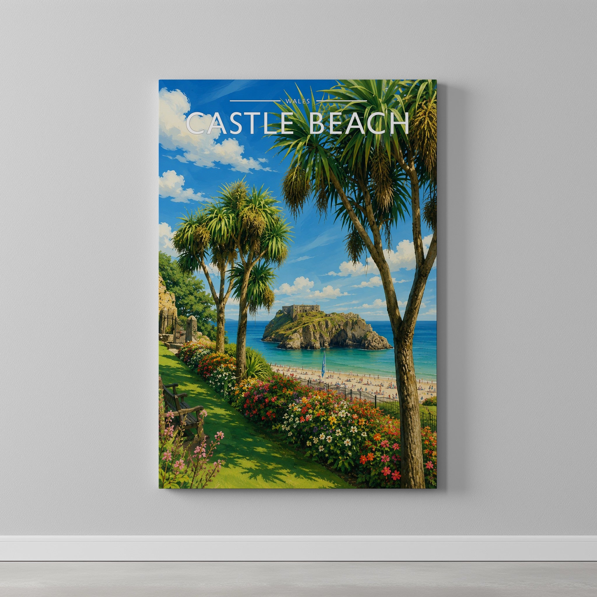 Castle Beach Travel Poster as a gallery-wrapped canvas on a plain wall