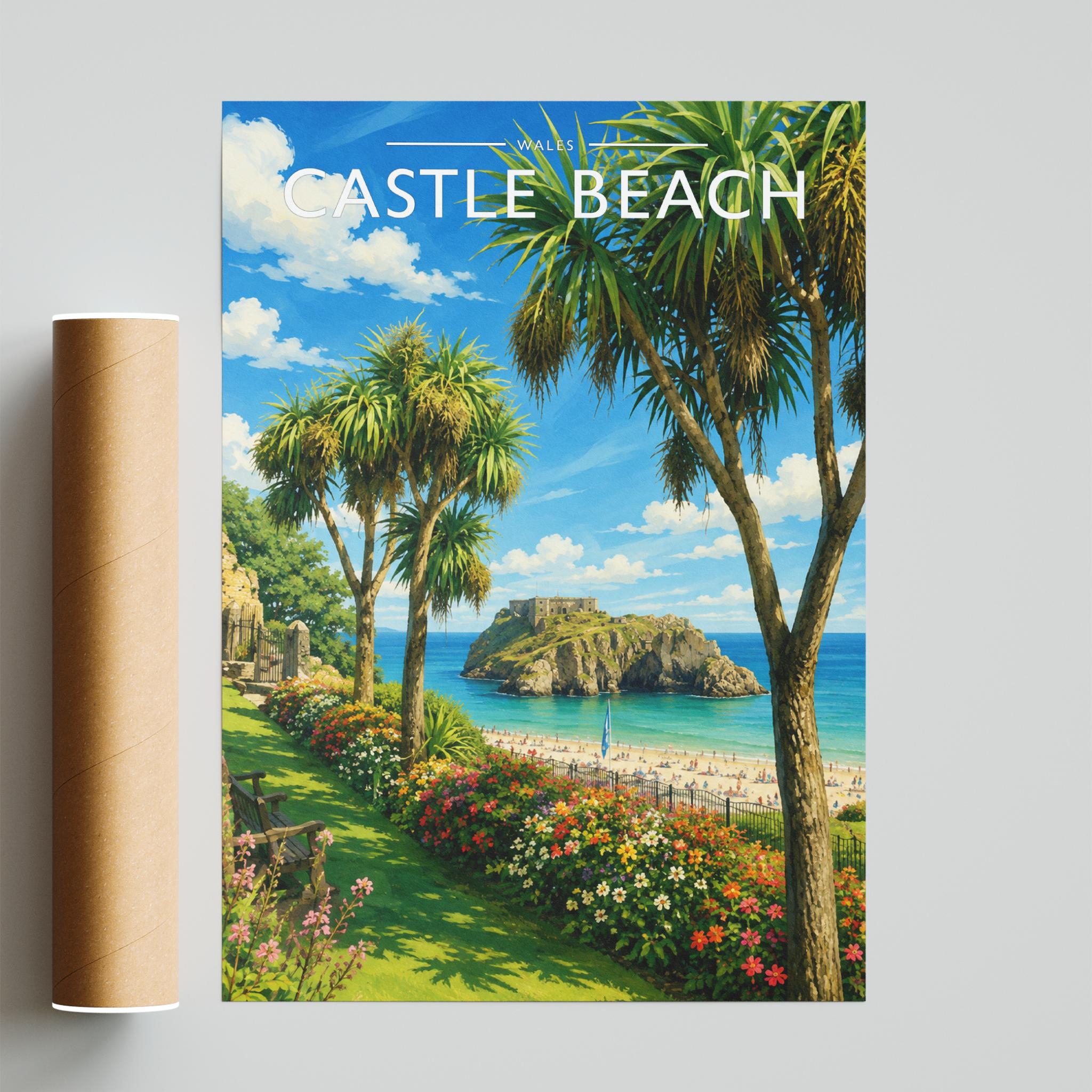 Castle Beach Travel Poster - fine art print with shipping tube