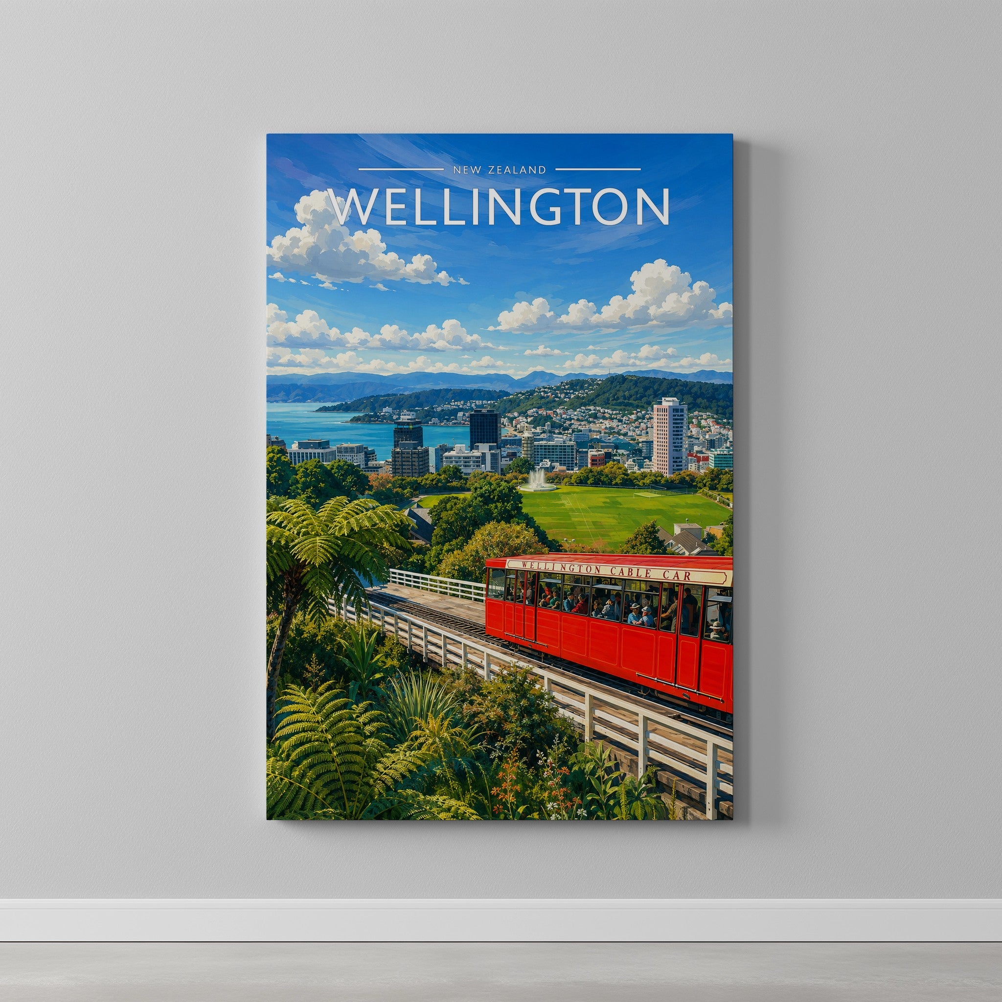 Wellington Travel Poster as a gallery-wrapped canvas on a plain wall
