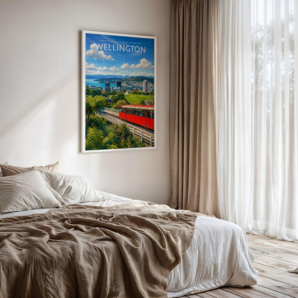 Wellington Travel Poster framed on a bedroom wall