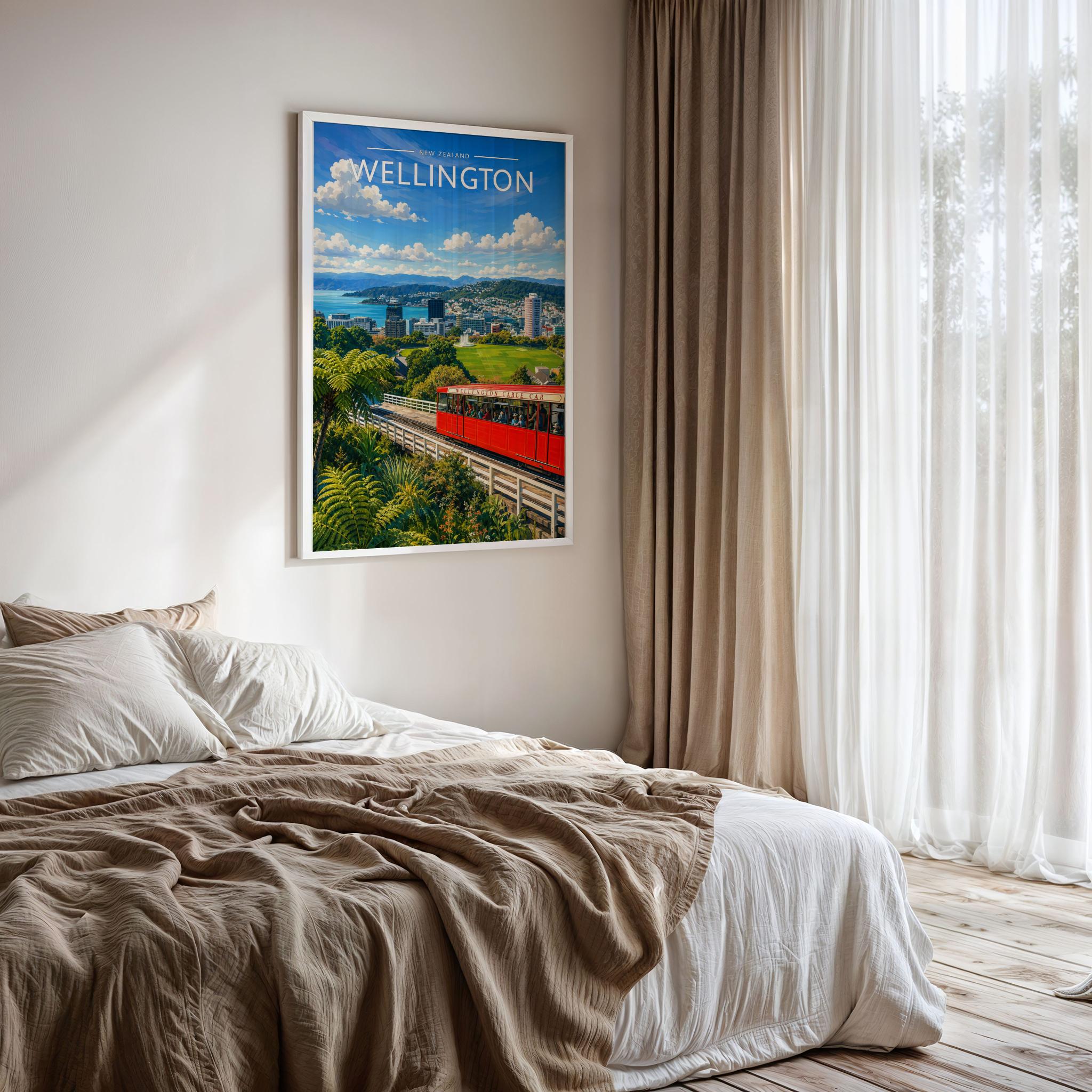 Wellington Travel Poster framed on a bedroom wall