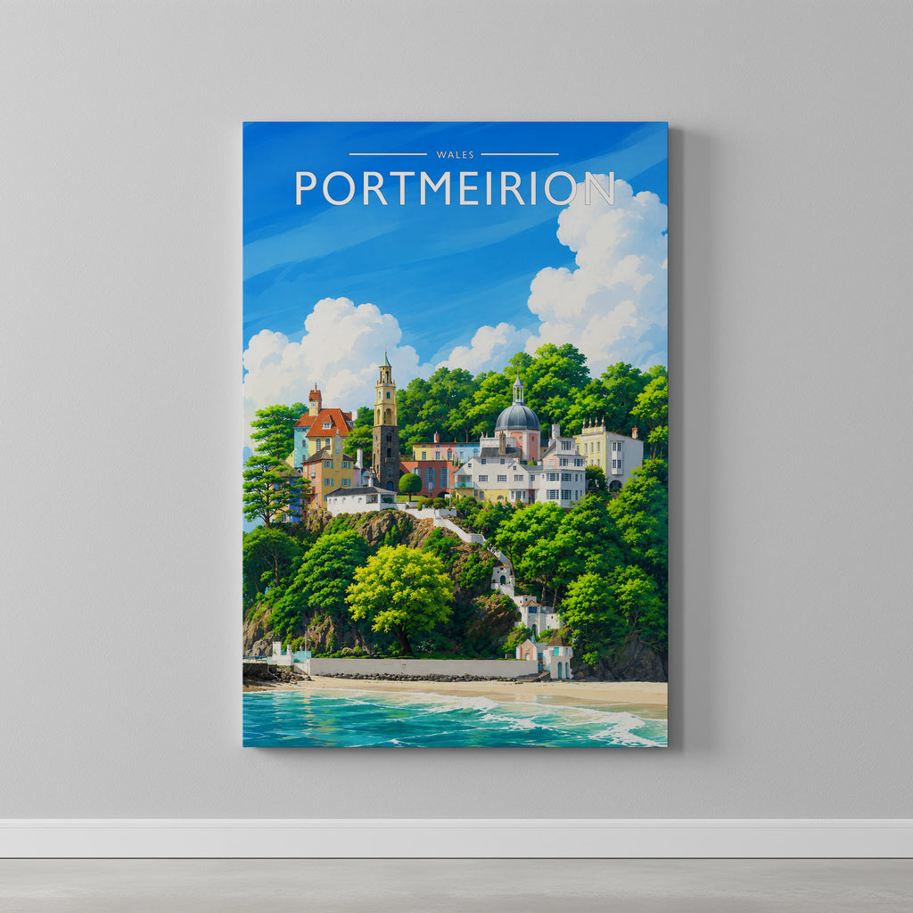 Portmeirion Travel Poster as a gallery-wrapped canvas on a plain wall