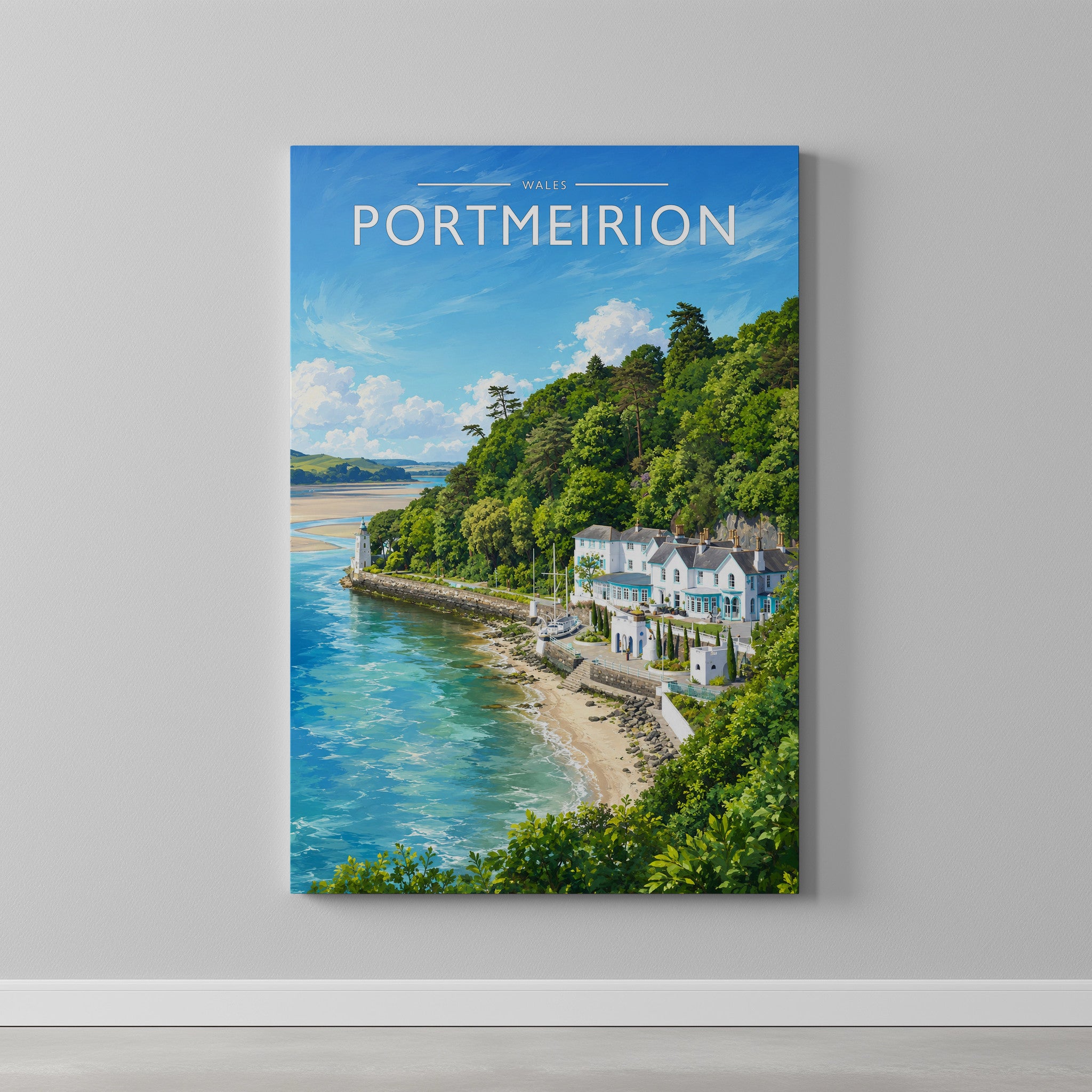 Portmeirion #2 Travel Poster as a gallery-wrapped canvas on a plain wall