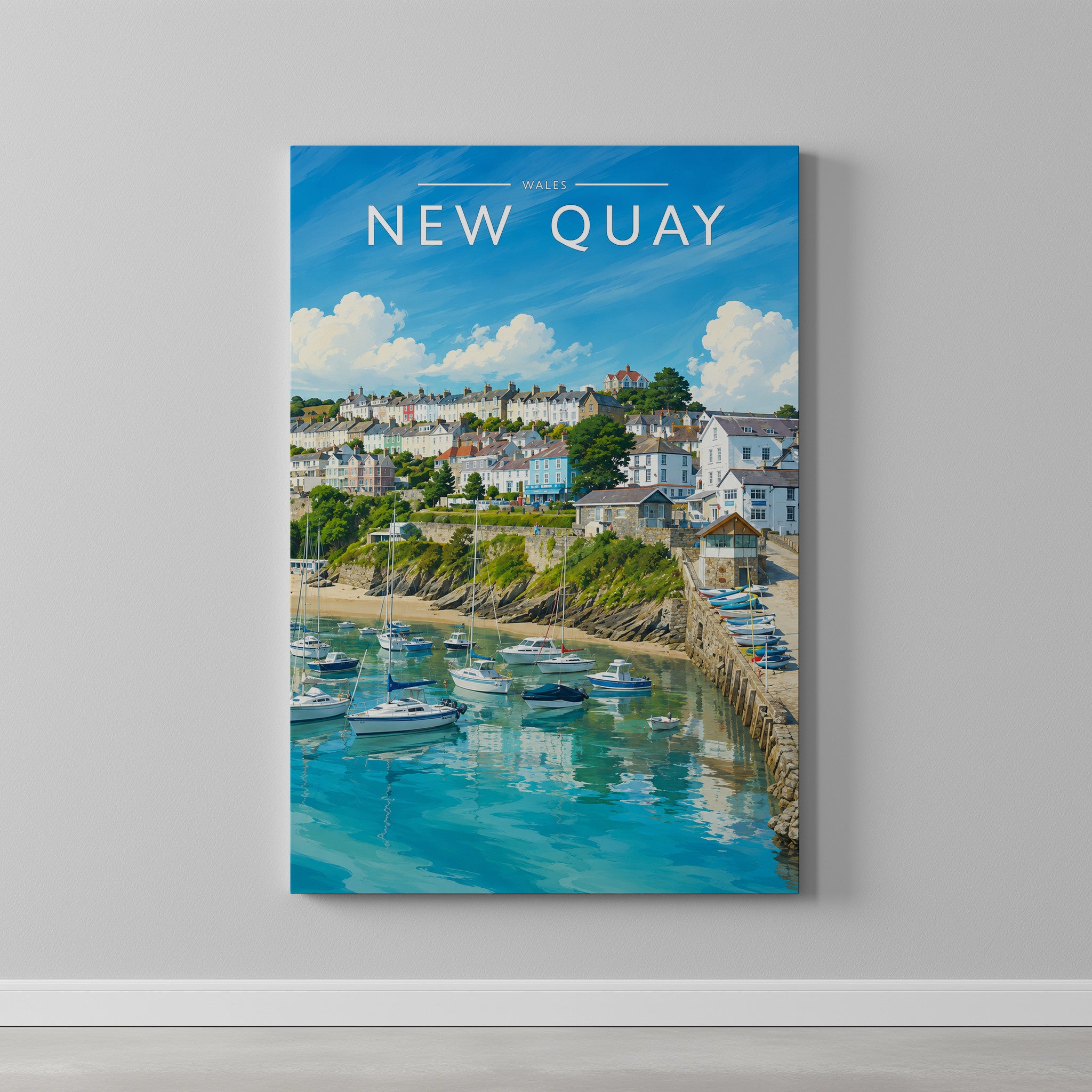 New Quay #2 Travel Poster as a gallery-wrapped canvas on a plain wall