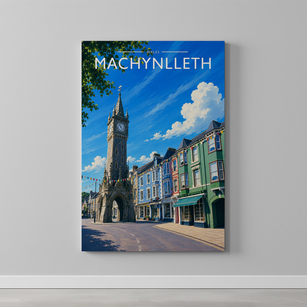 Machynlleth Travel Poster as a gallery-wrapped canvas on a plain wall