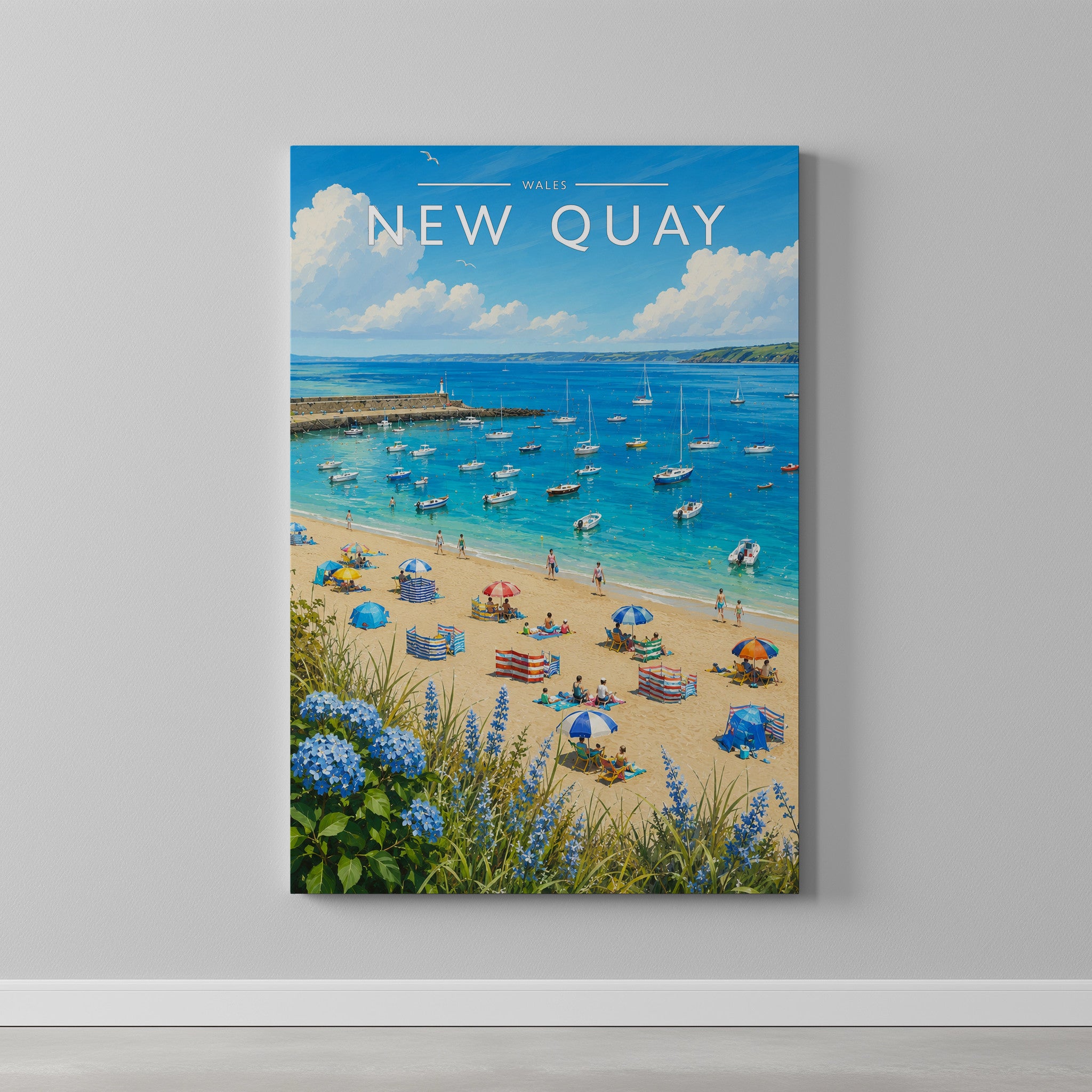 New Quay #3 Travel Poster as a gallery-wrapped canvas on a plain wall
