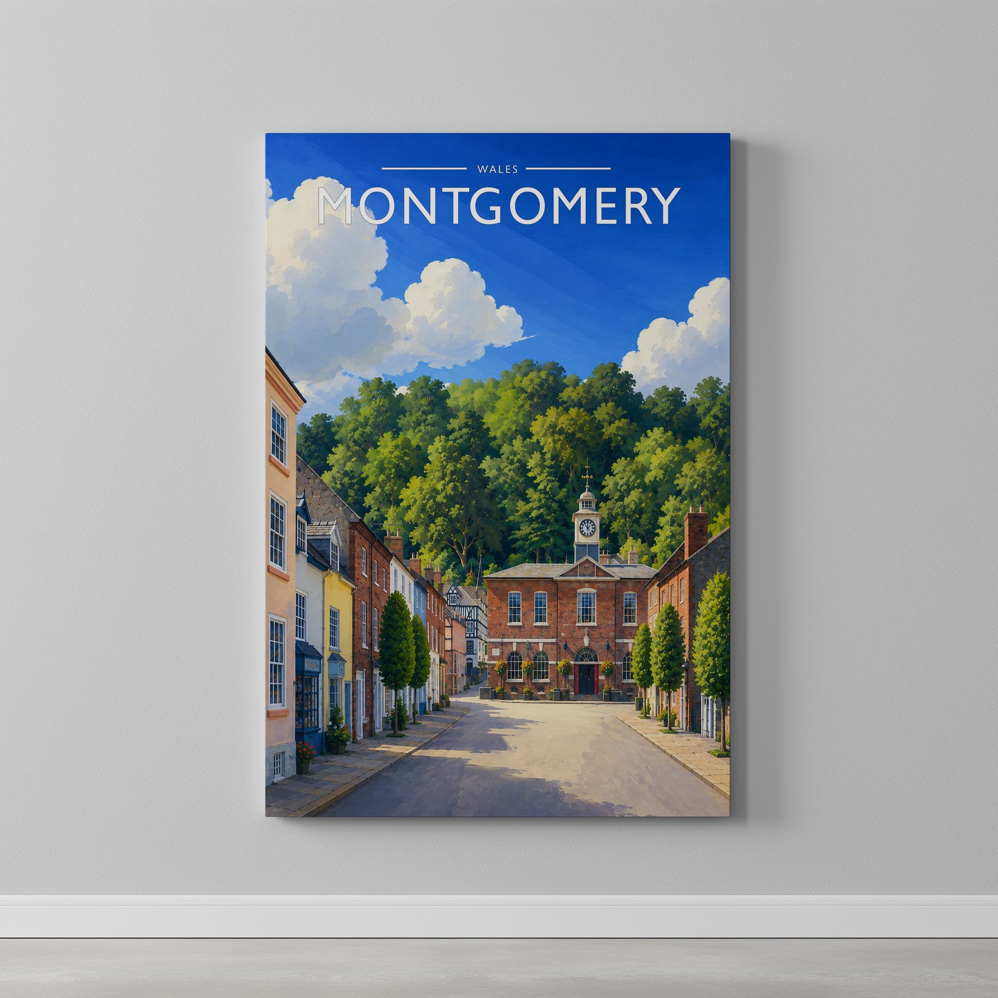 Montgomery Travel Poster as a gallery-wrapped canvas on a plain wall
