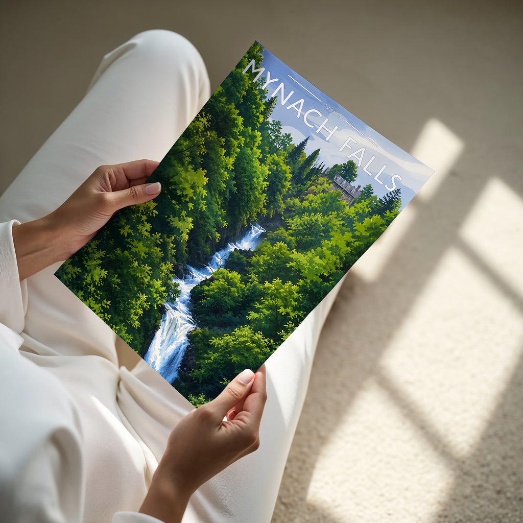 Mynach Falls Travel Poster - A4 print in hand