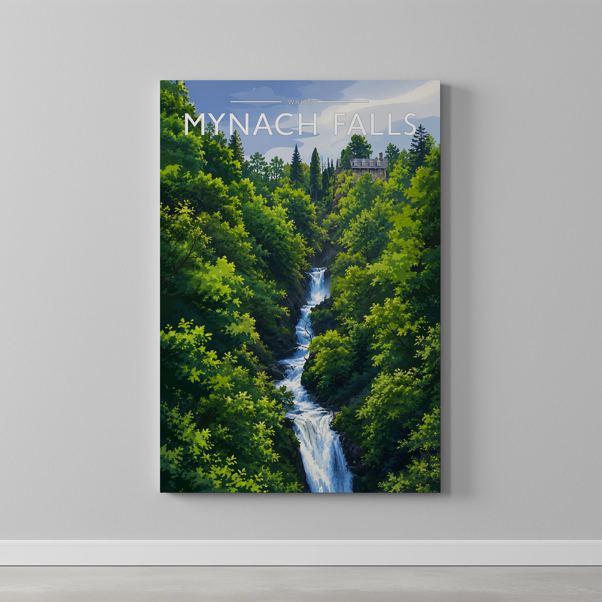 Mynach Falls Travel Poster as a gallery-wrapped canvas on a plain wall