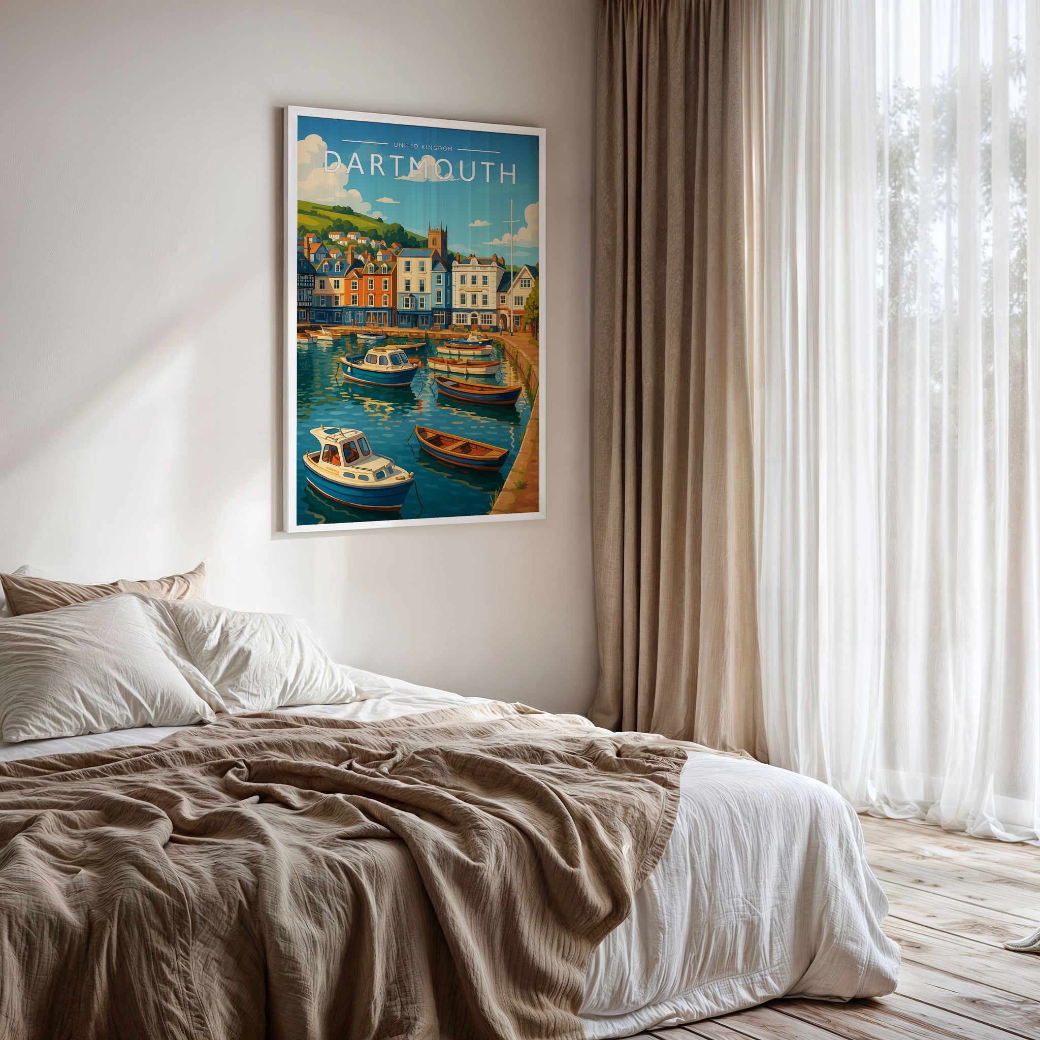 Dartmouth Travel Poster framed on a bedroom wall