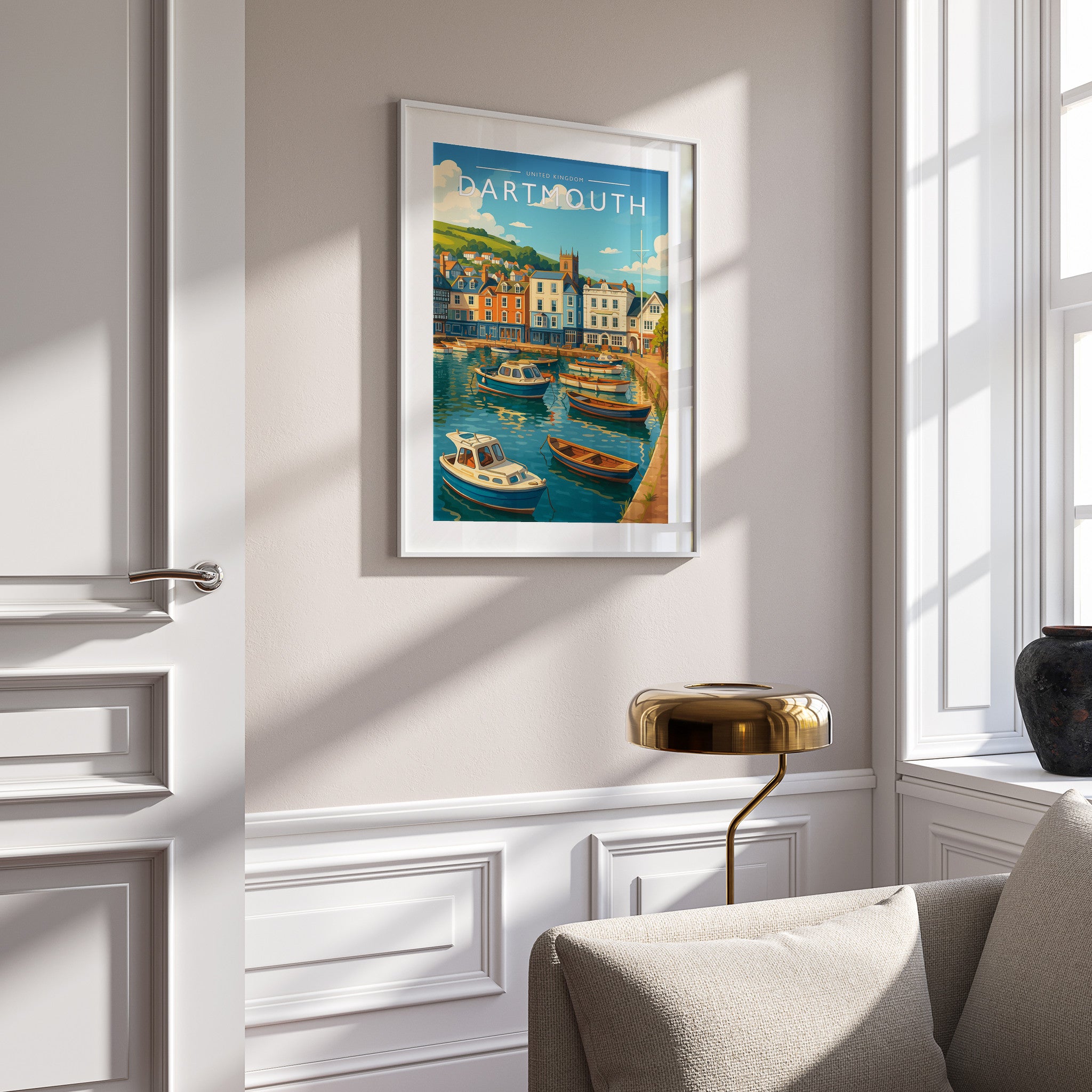Dartmouth Travel Poster in a white frame on a panelled wall