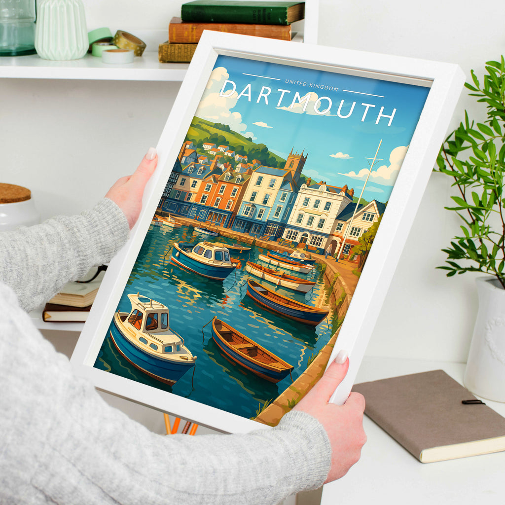 Dartmouth Travel Poster in a white frame, held to show scale