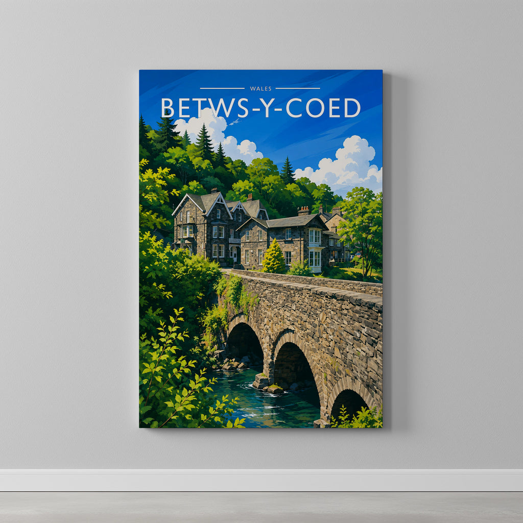 Betws-y-Coed Travel Poster as a gallery-wrapped canvas on a plain wall