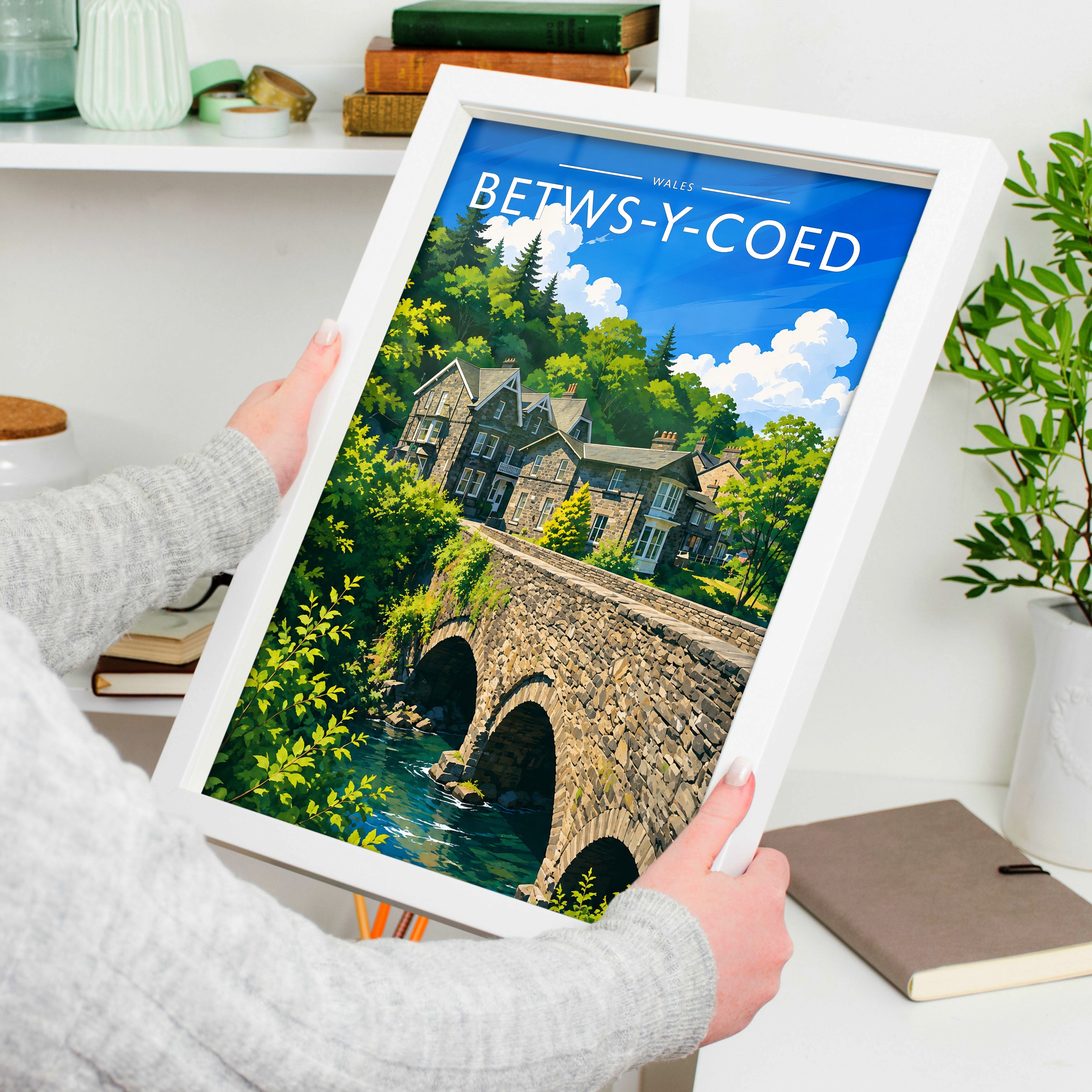 Betws-y-Coed Travel Poster held in a white frame