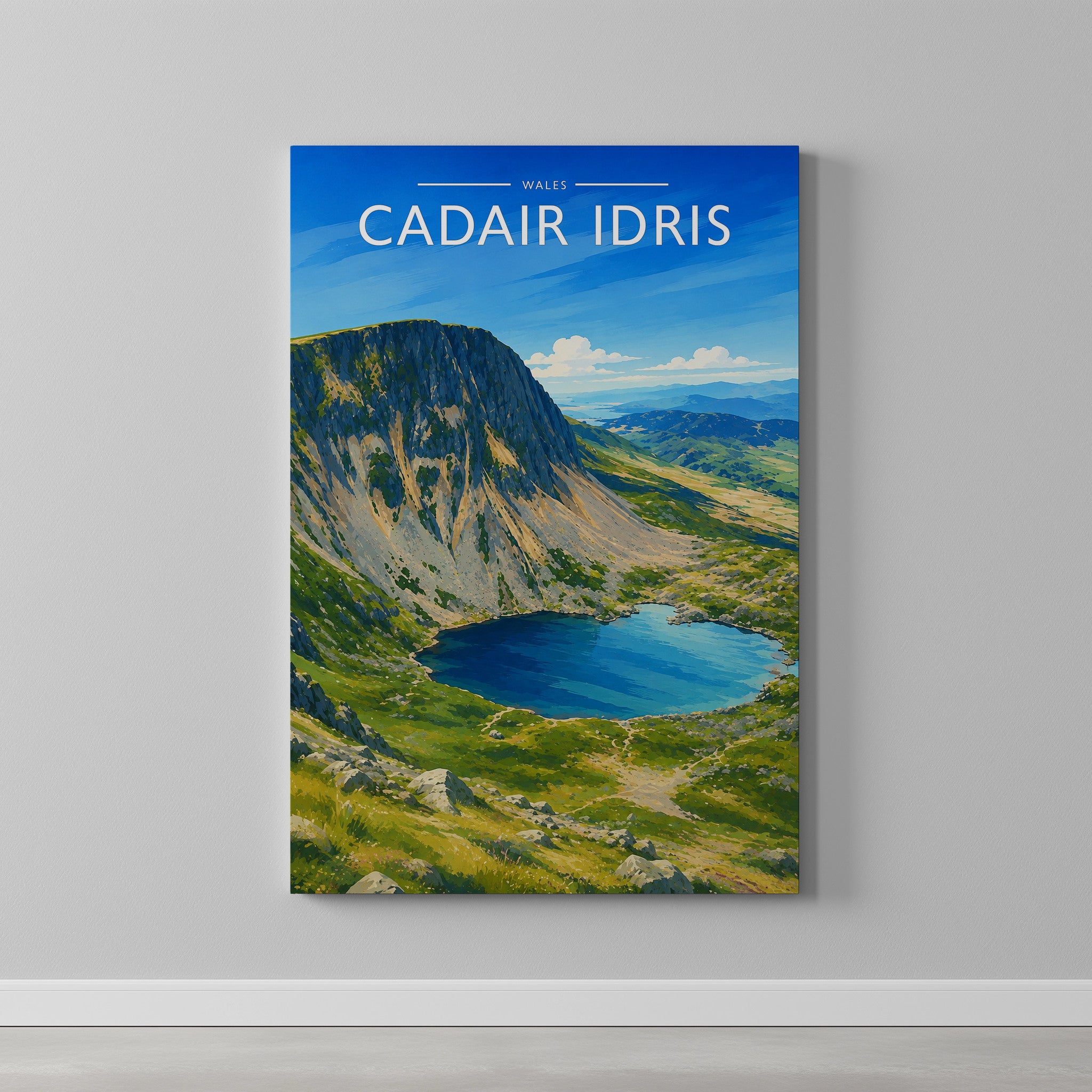 Cadair Idris Travel Poster as a gallery-wrapped canvas on a plain wall