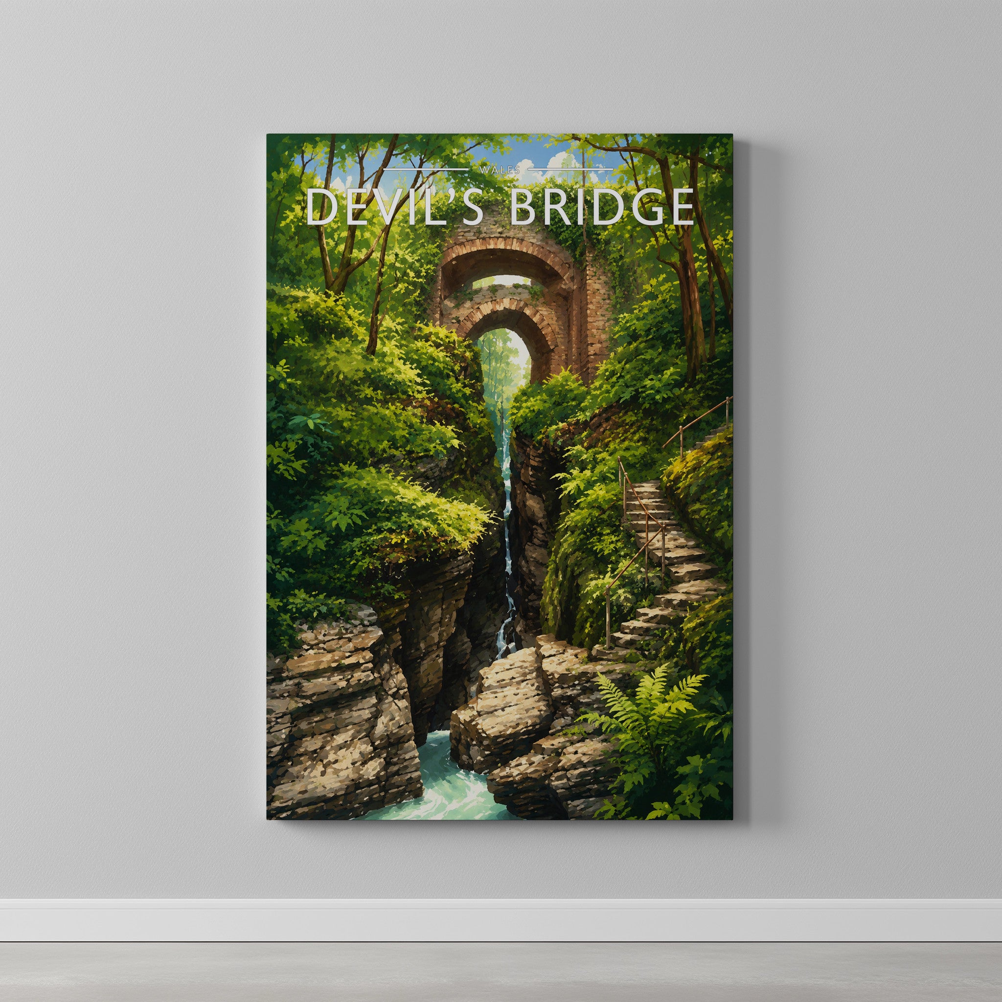 Devil's Bridge Travel Poster as a gallery-wrapped canvas on a plain wall