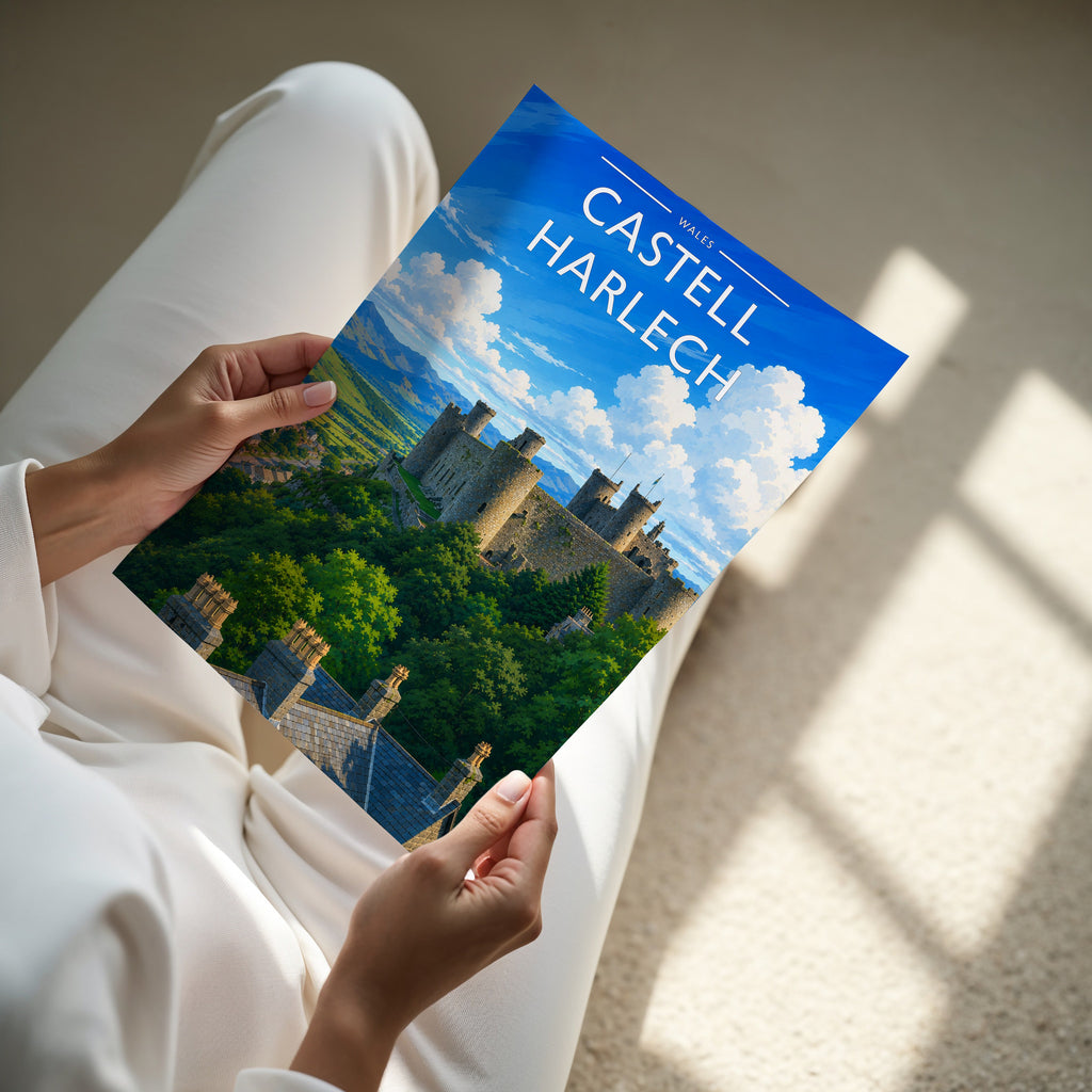 Castell Harlech Travel Poster - A4 print in hand
