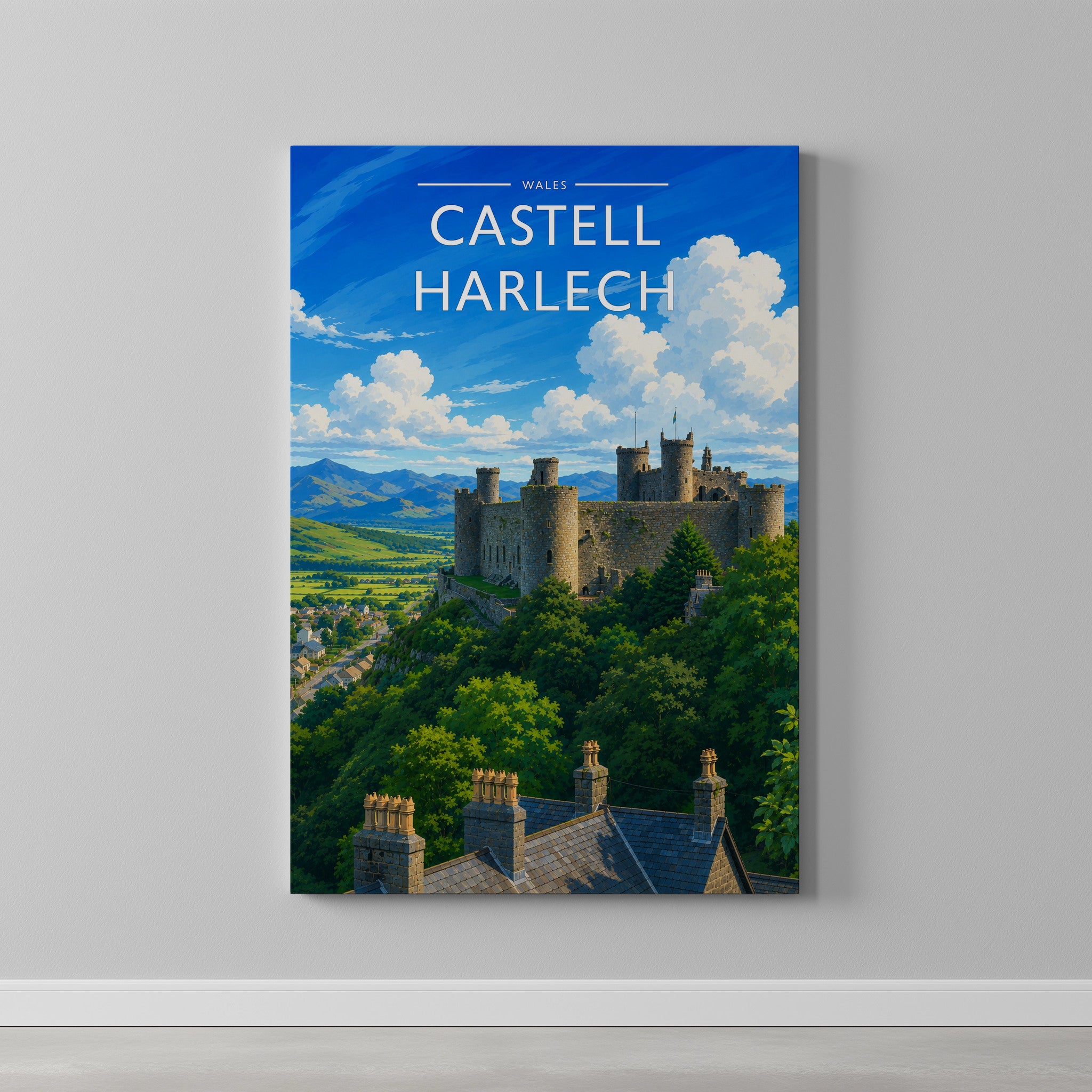 Castell Harlech Travel Poster as a gallery-wrapped canvas on a plain wall