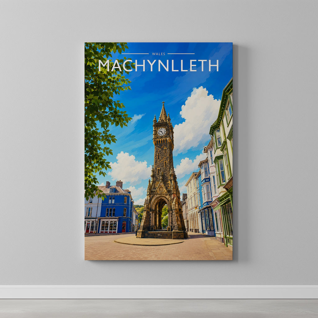 Machynlleth #2 Travel Poster as a gallery-wrapped canvas on a plain wall
