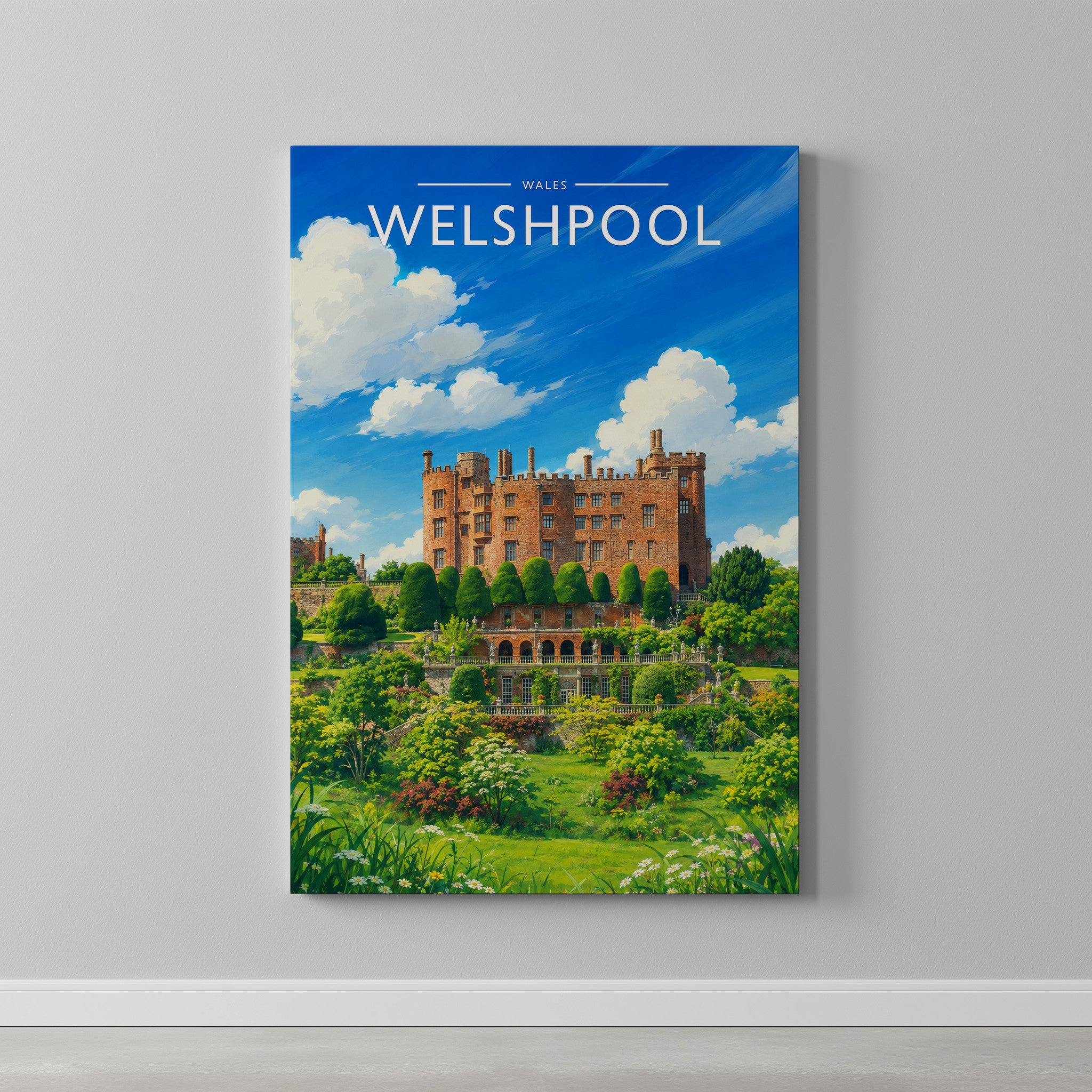 Welshpool Travel Poster as a gallery-wrapped canvas on a plain wall