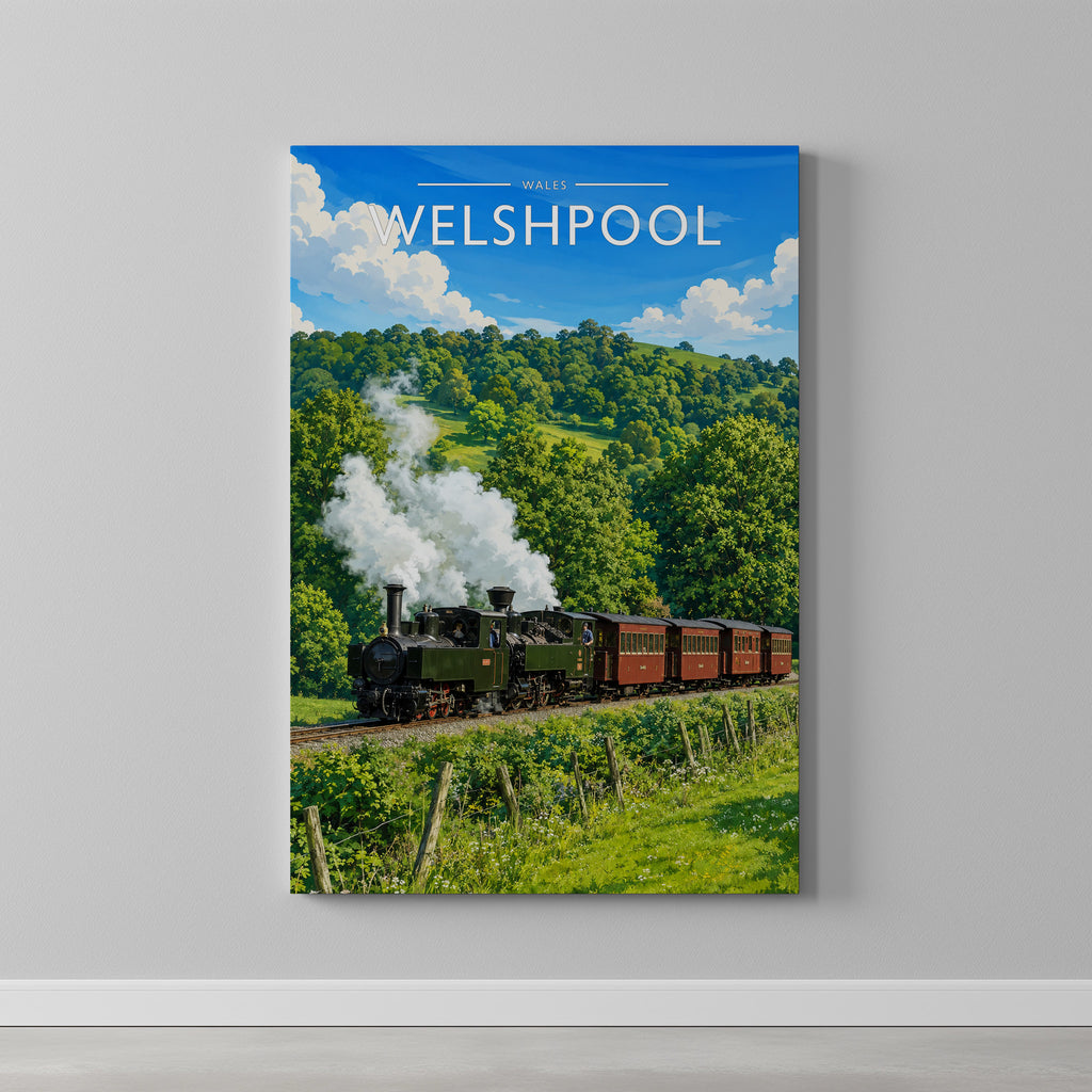Welshpool #2 Travel Poster as a gallery-wrapped canvas on a plain wall