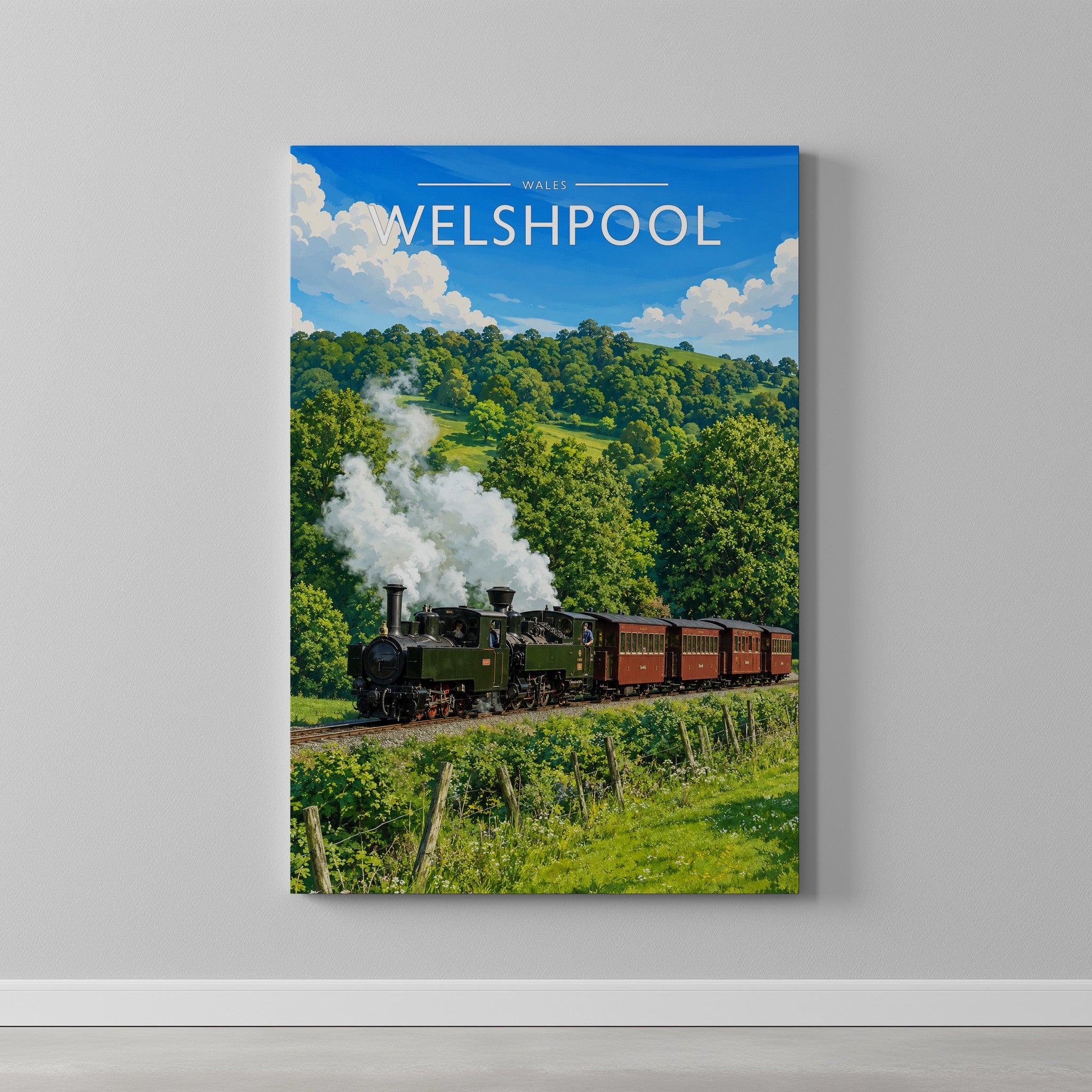 Welshpool #2 Travel Poster as a gallery-wrapped canvas on a plain wall