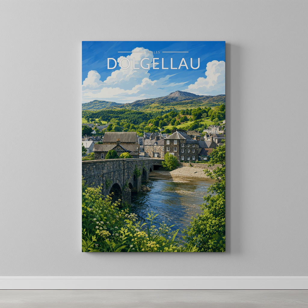 Dolgellau Travel Poster as a gallery-wrapped canvas on a plain wall