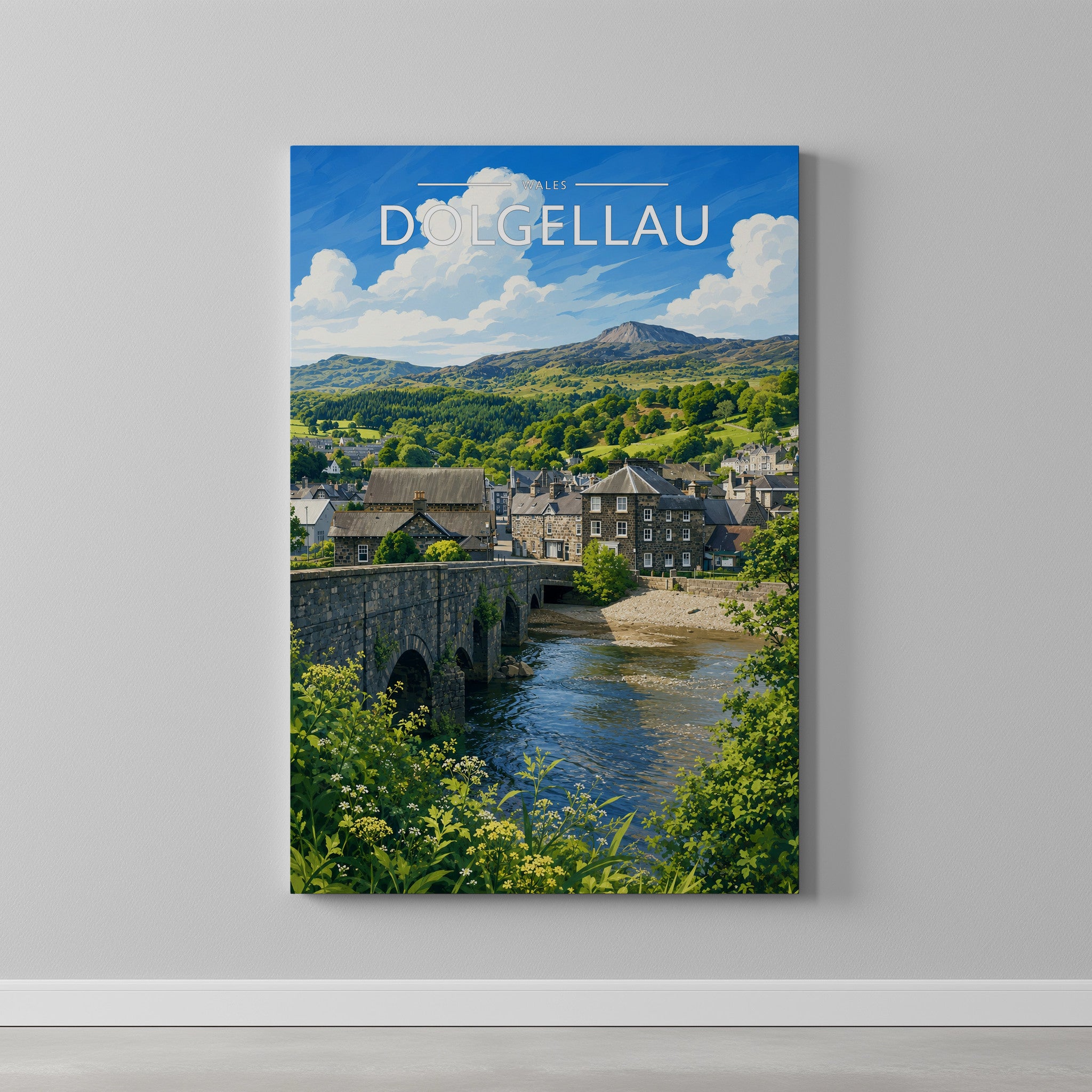 Dolgellau Travel Poster as a gallery-wrapped canvas on a plain wall