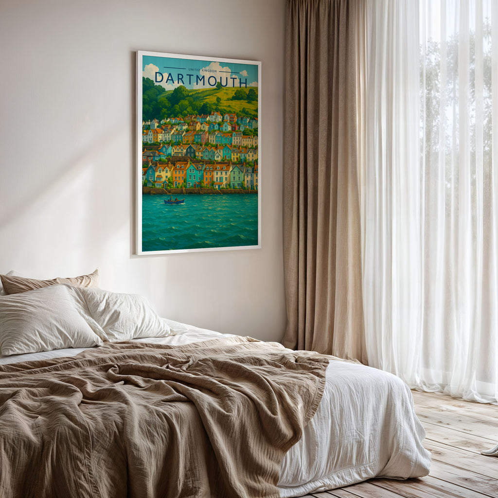 Dartmouth #2 Travel Poster framed on a bedroom wall