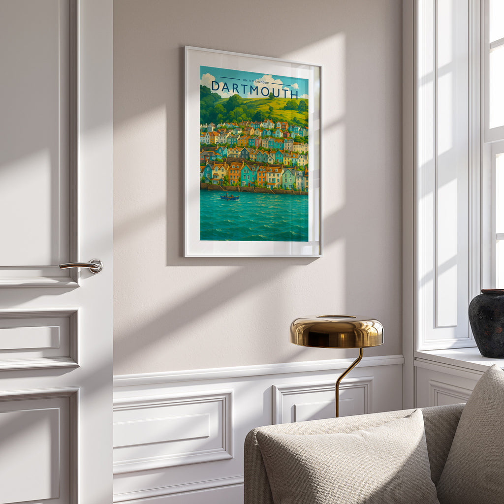 Dartmouth #2 Travel Poster in a white frame on a panelled wall