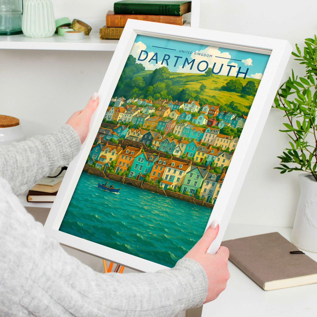 Dartmouth #2 Travel Poster in a white frame, held to show scale