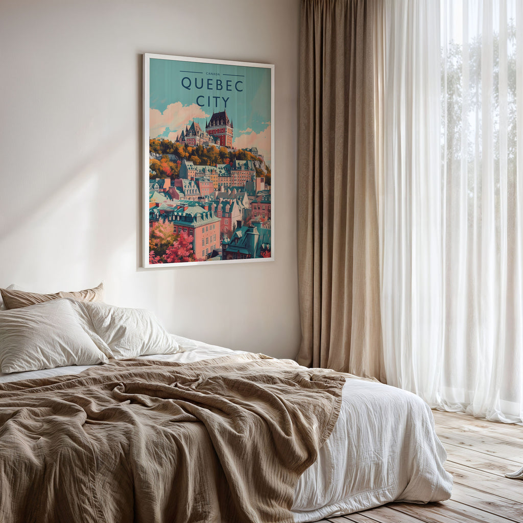 Quebec City Travel Poster framed on a bedroom wall