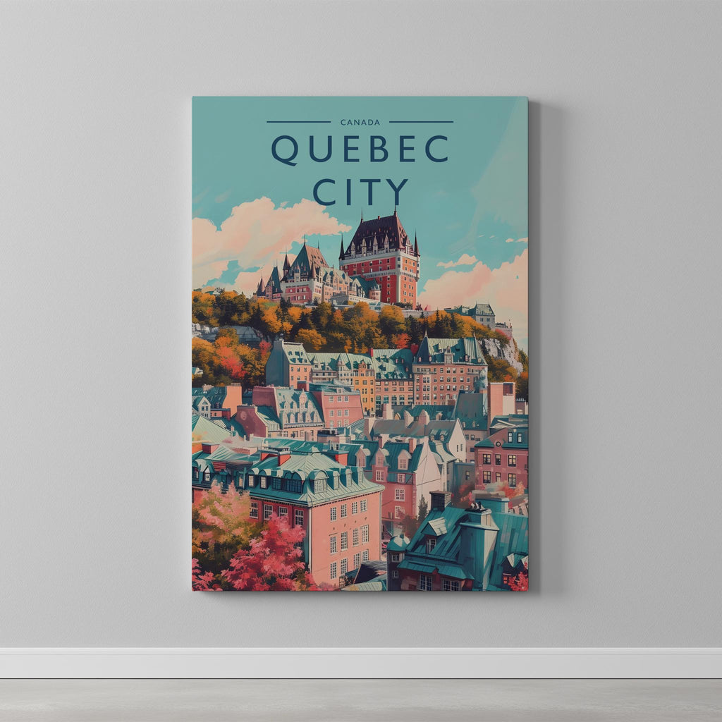 Quebec City Travel Poster as a gallery-wrapped canvas on a plain wall
