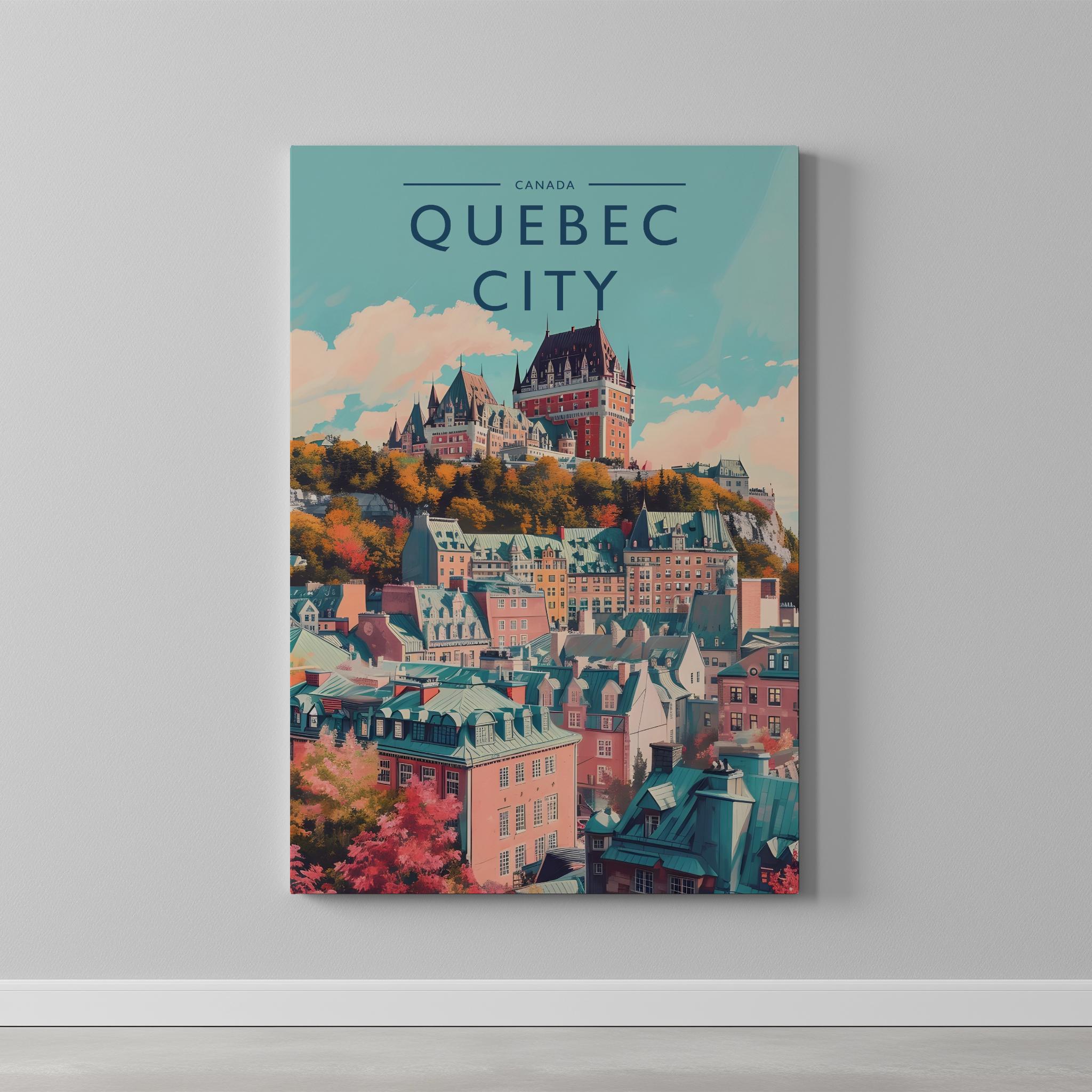 Quebec City Travel Poster as a gallery-wrapped canvas on a plain wall
