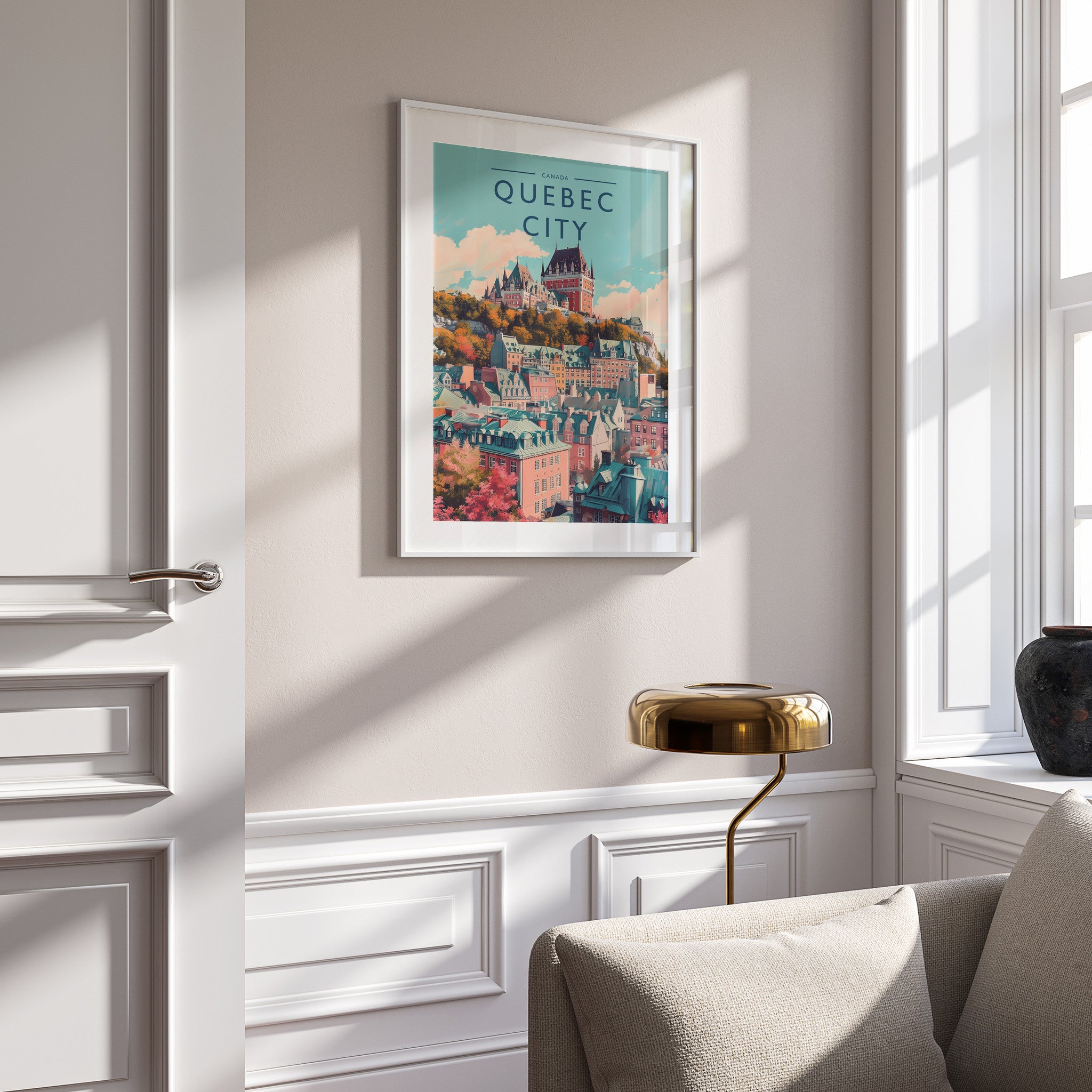 Quebec City Travel Poster in a white frame on a panelled wall