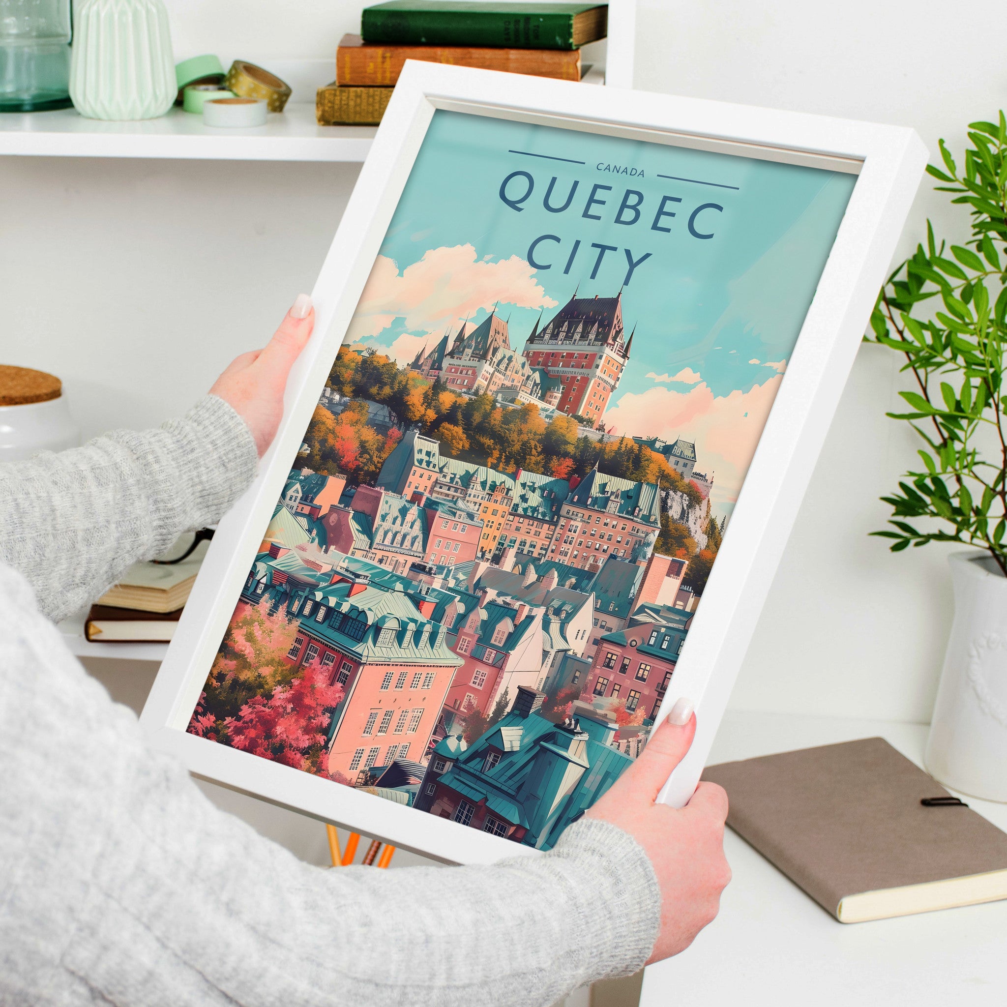 Quebec City Travel Poster in a white frame, held to show scale